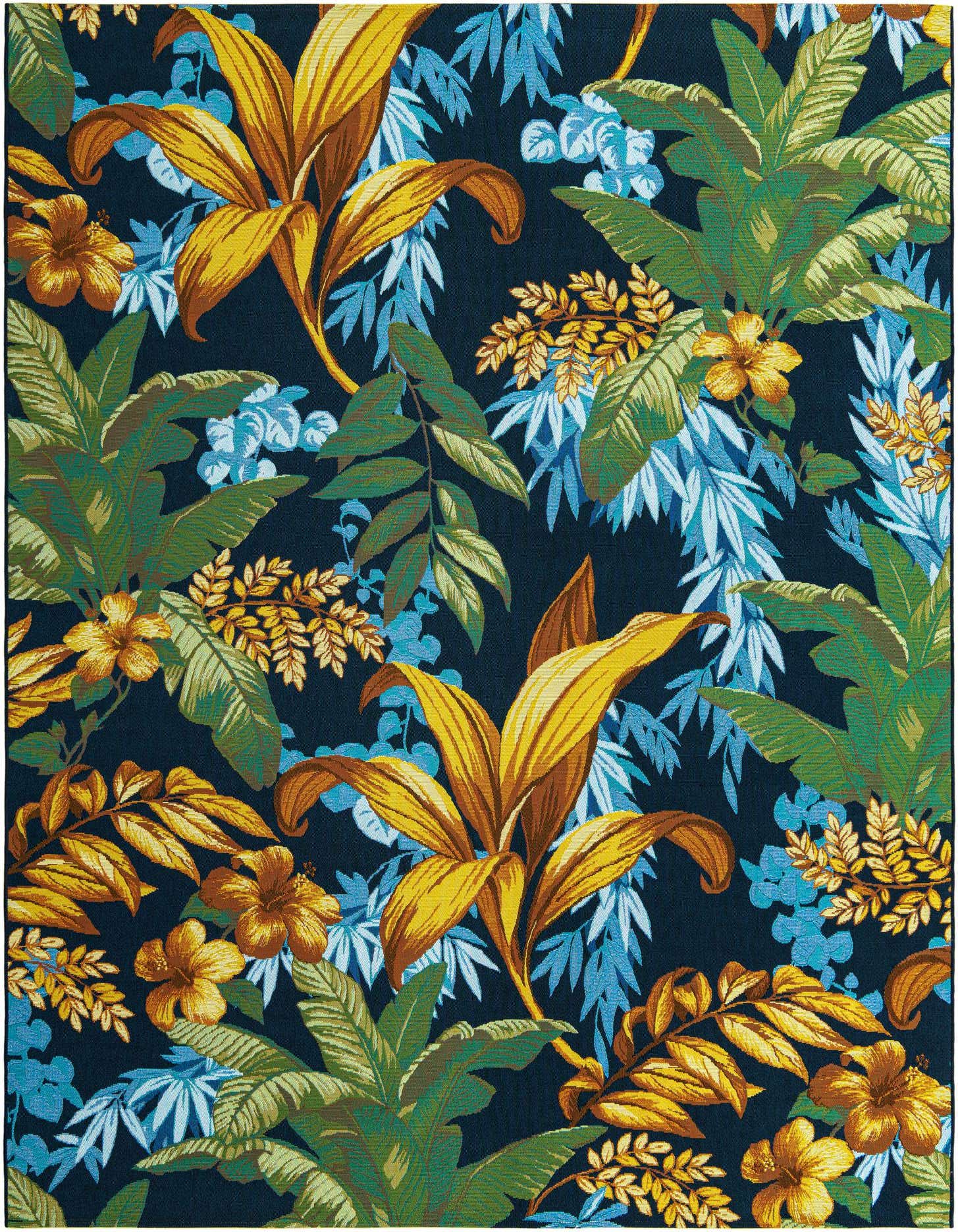 A vibrant 8x11 rectangular indoor/outdoor rug with a tropical botanical pattern on a dark blue background. Features large yellow, green, and light blue leaves and hibiscus flowers.