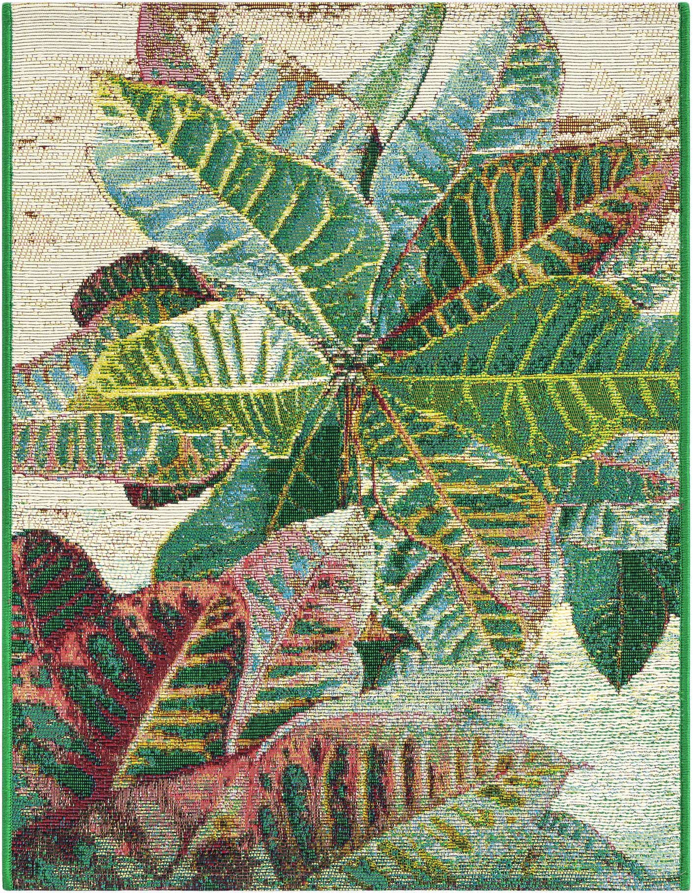 A 2x3 rectangular indoor/outdoor rug featuring a vibrant, multi-colored botanical leaf pattern in shades of green, red, and blue on a light background, with a green border.