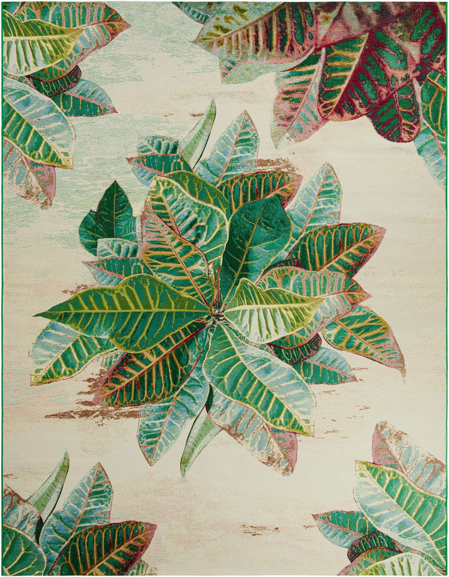 A 9x12 rectangular rug with a vibrant multi-colored botanical leaf pattern on a light background, suitable for indoor/outdoor use.