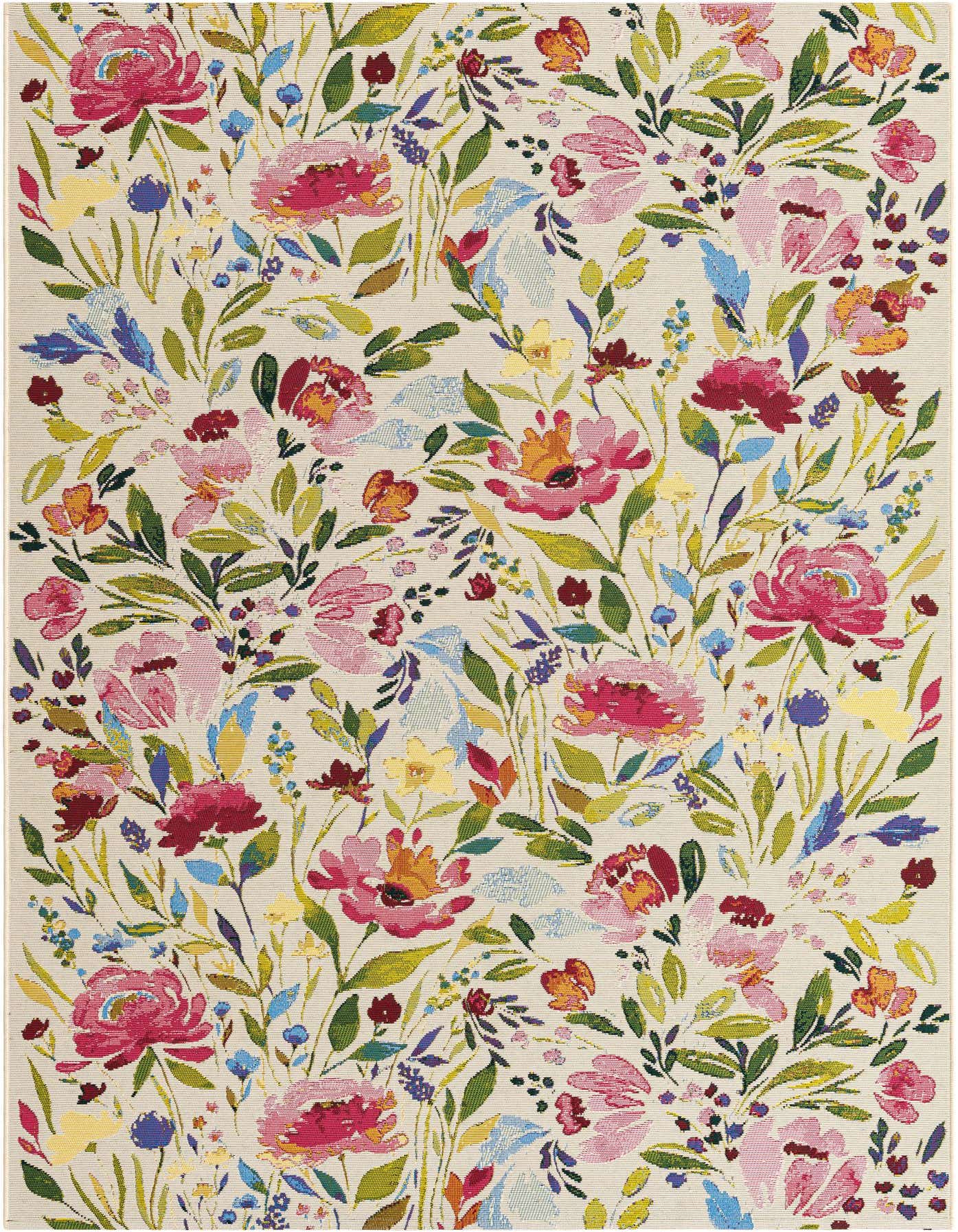 A 5x8 rectangular multi-colored botanical rug featuring vibrant pink, orange, blue, and green floral patterns on a light background, suitable for indoor or outdoor use.