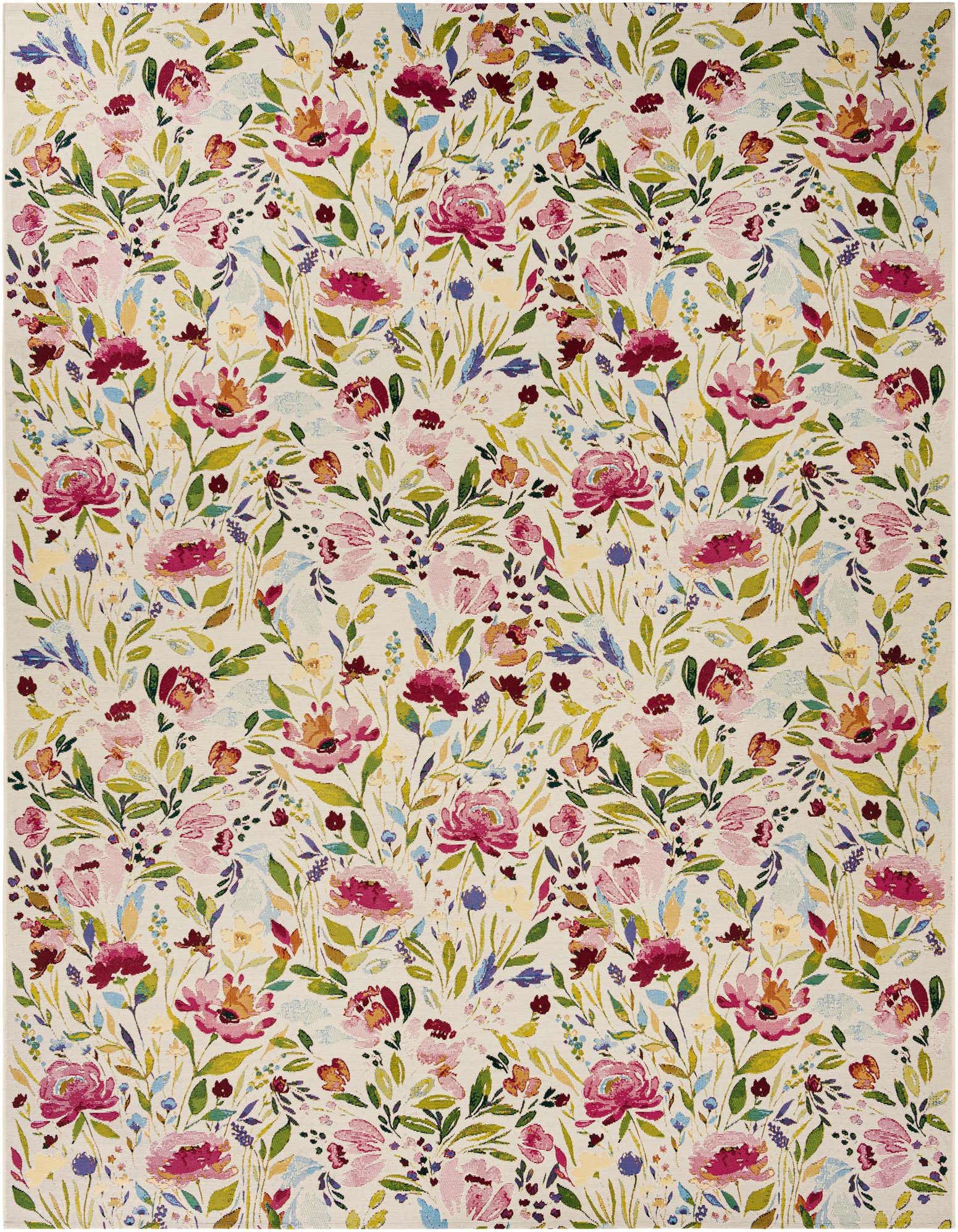 A 9x12 rectangular rug featuring a vibrant multi-colored botanical pattern with pink, green, and blue flowers on a light background, suitable for indoor or outdoor use.