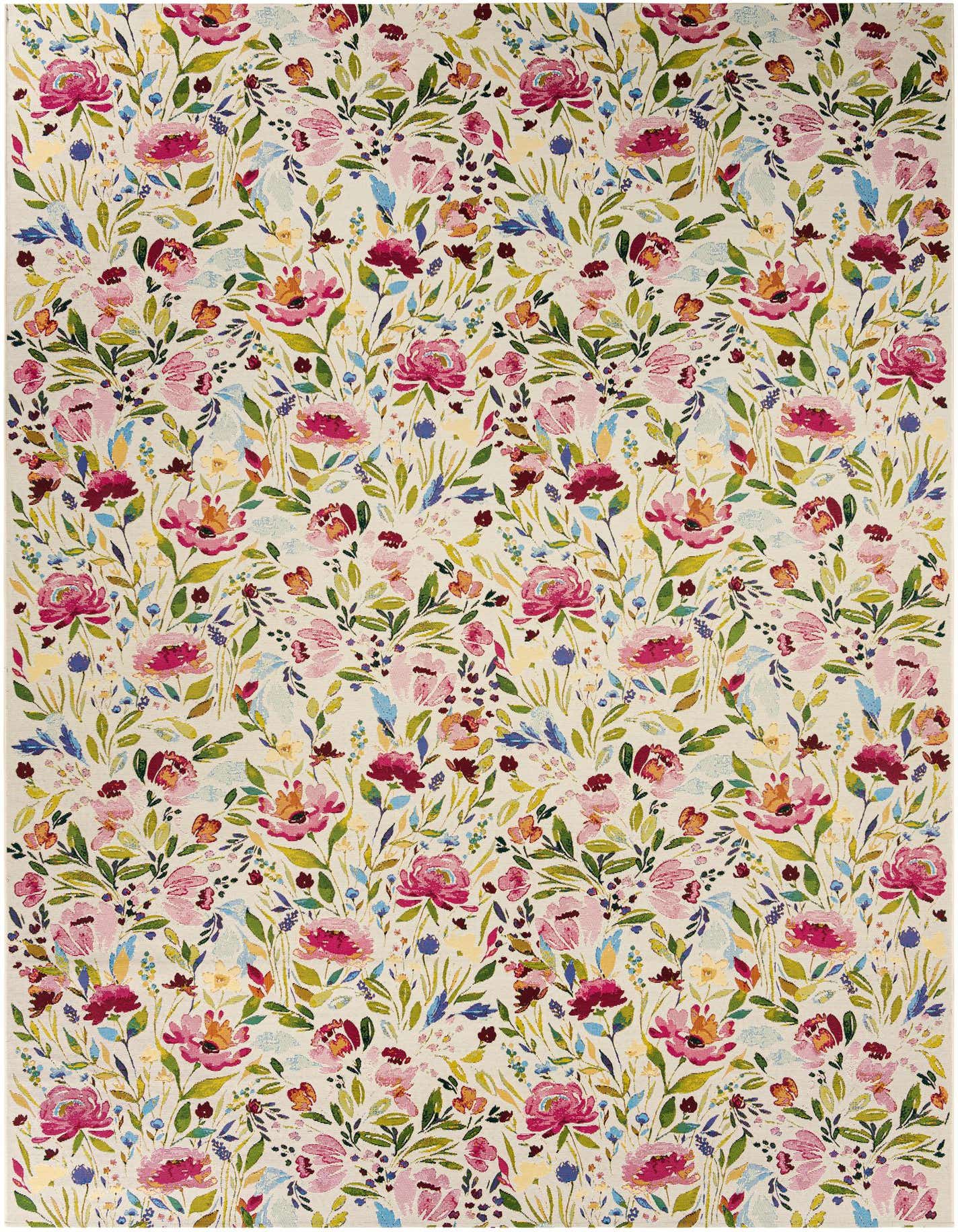 A 10x14 rectangular multi-colored botanical rug featuring vibrant pink, blue, and green flowers and leaves on a light background, suitable for indoor or outdoor use.
