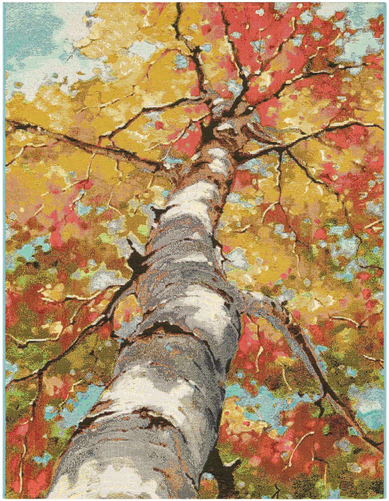 A vibrant 4x6 rectangular rug featuring an upward view of a tree with red, orange, and yellow autumn leaves against a blue sky, perfect for an entryway or patio.