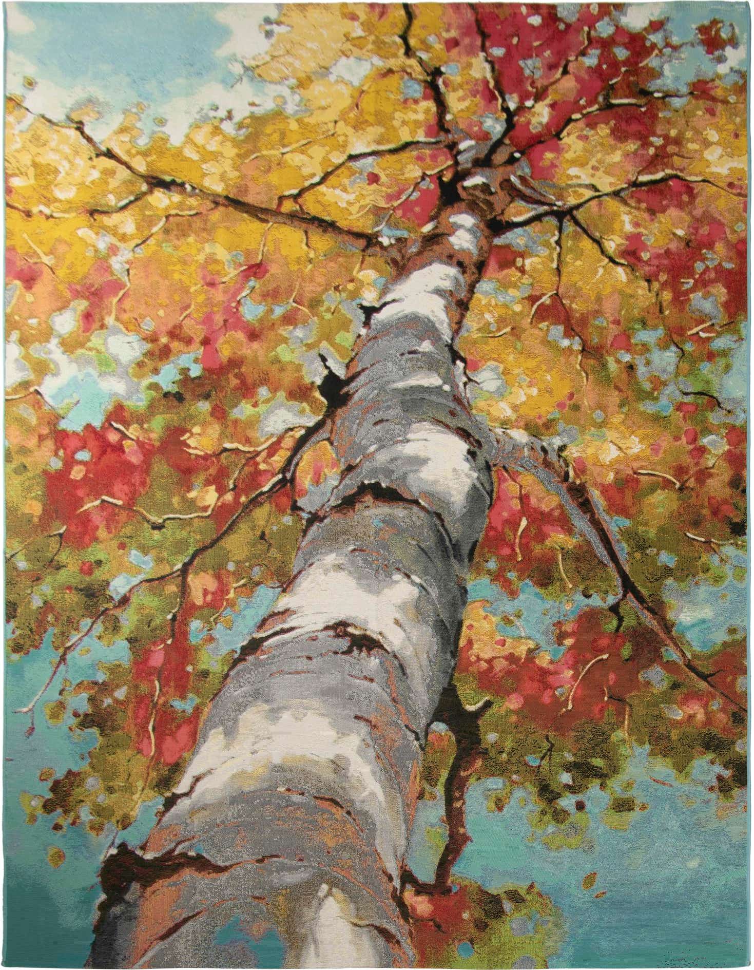 A vibrant 5x8 rectangular rug depicting a birch tree with colorful autumn leaves against a blue sky, suitable for indoor or outdoor use.