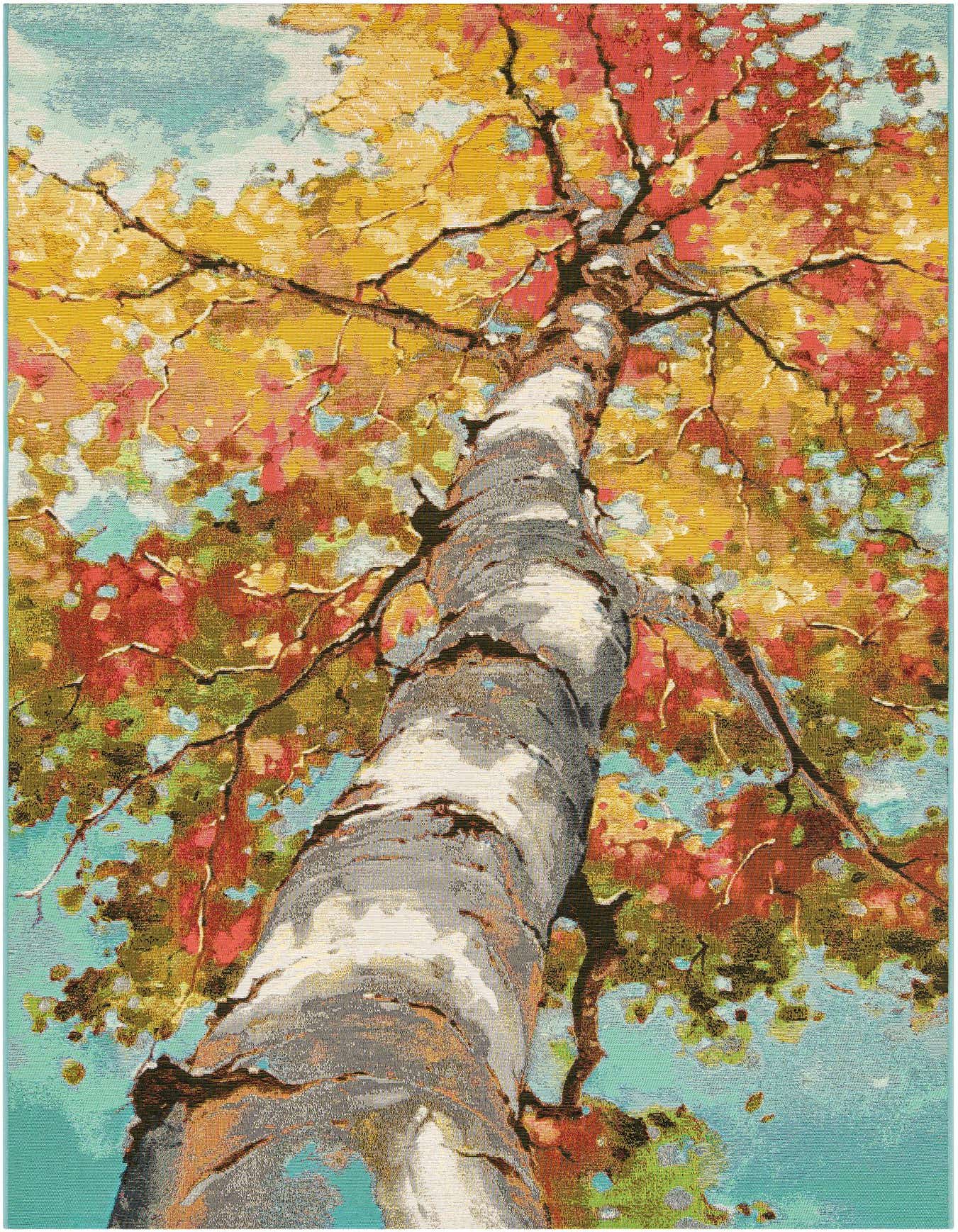 A vibrant 6x9 rectangular rug featuring a modern, multi-colored birch tree design with autumn leaves against a blue sky, suitable for indoor or outdoor use.