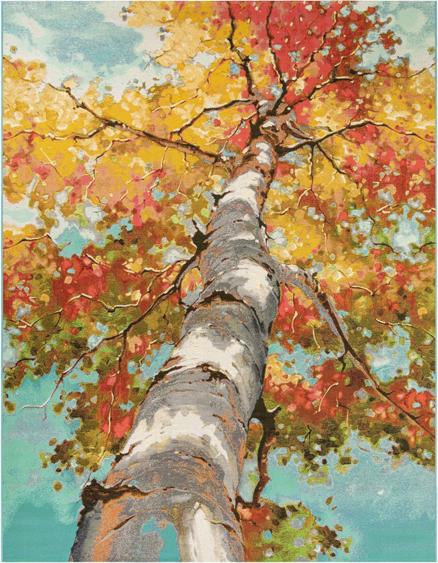 A vibrant 9x12 rectangular rug featuring a modern, multi-colored birch tree design with red, yellow, and green leaves against a blue sky.