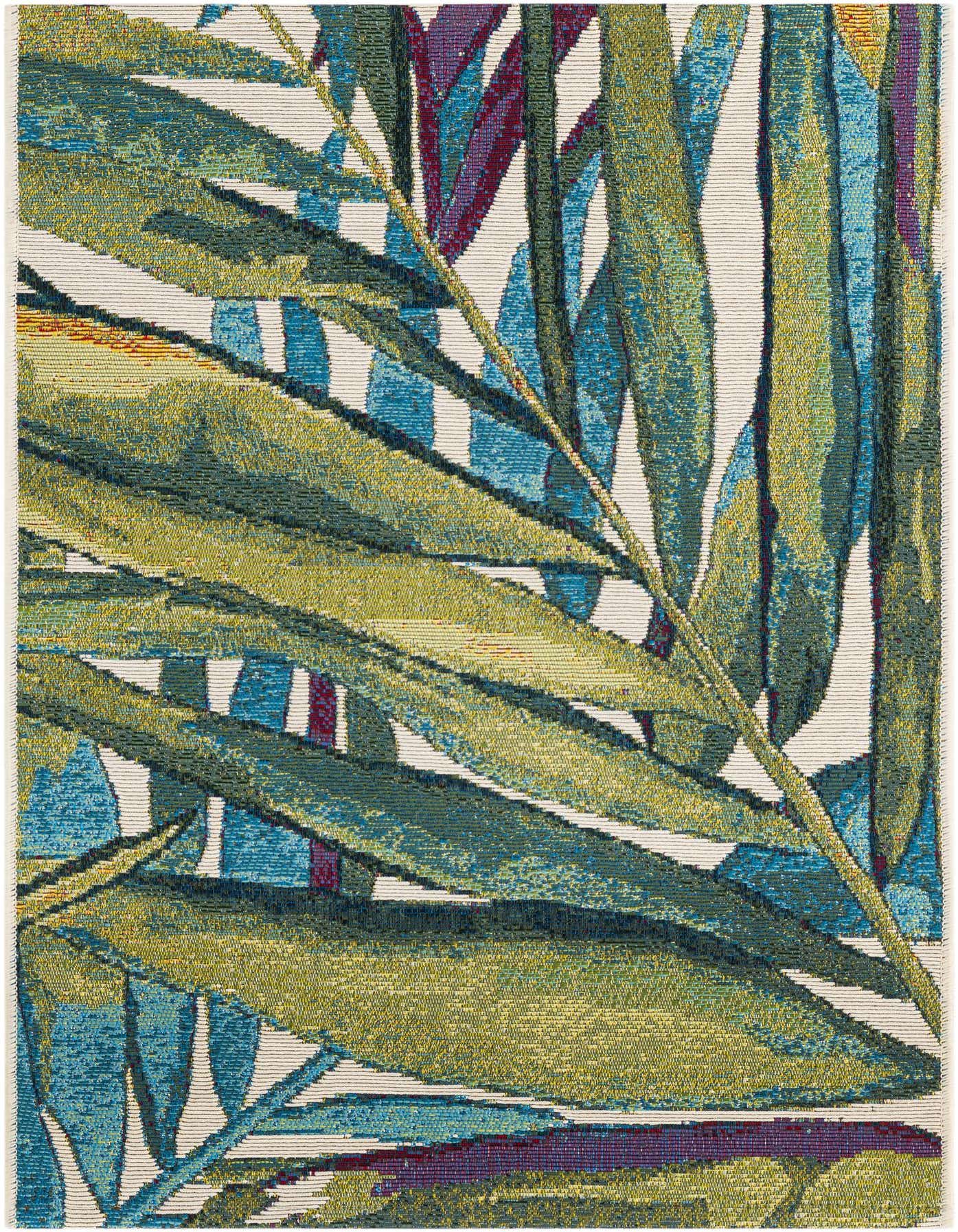 A 2x3 rectangular Rugs.com Outdoor Botanical rug featuring a vibrant, multi-colored modern floral pattern with large green, blue, and purple leaves on a light background.