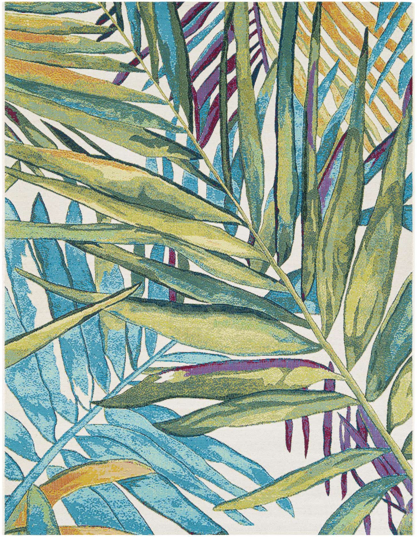 A 5x7 rectangular rug featuring a vibrant, multi-colored modern botanical pattern with green, blue, and purple palm fronds on a white background, suitable for indoor or outdoor use.