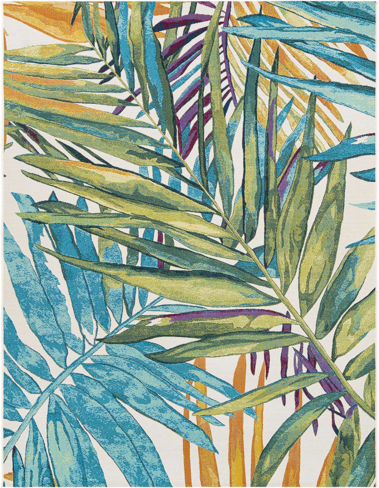 A vibrant 6x9 rectangular rug featuring a modern botanical pattern with large green, blue, purple, and orange palm leaves on a white background, suitable for indoor or outdoor use.