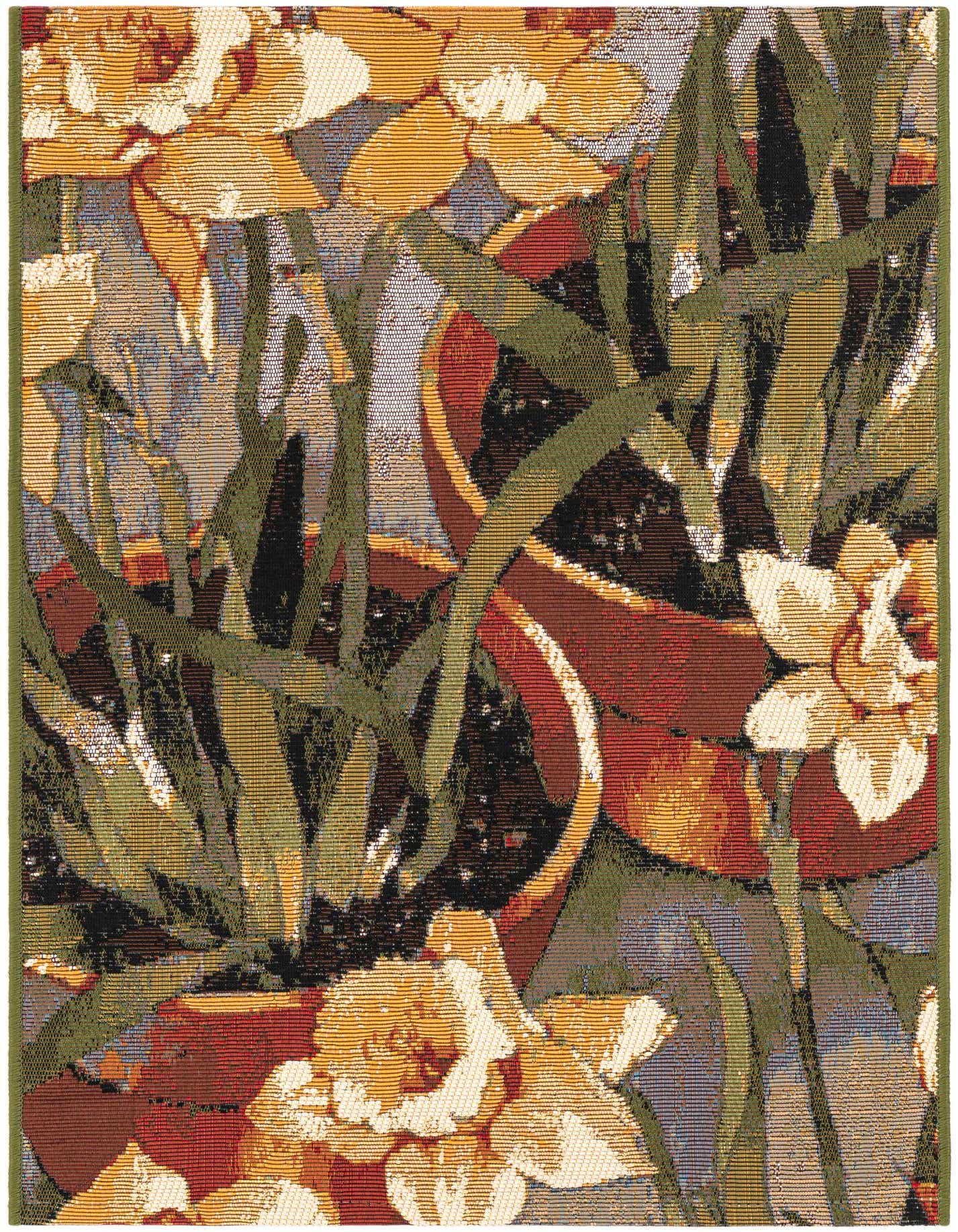 A 2x3 rectangular multi-colored rug with a modern botanical pattern featuring potted plants and yellow flowers, suitable for indoor or outdoor use.