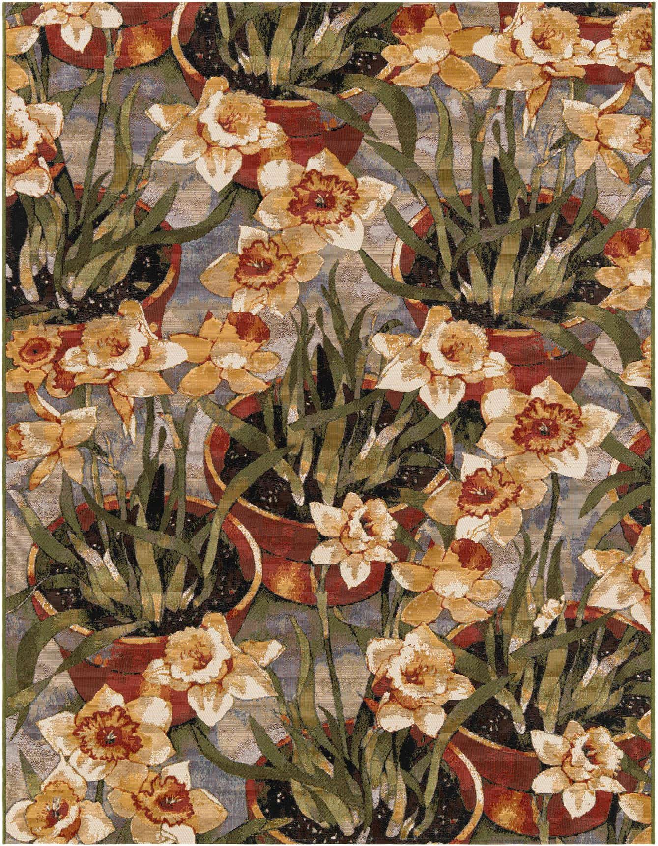 A multi-colored 6x9 rectangular rug featuring a vibrant modern pattern of potted daffodils with green leaves and yellow-orange blooms.