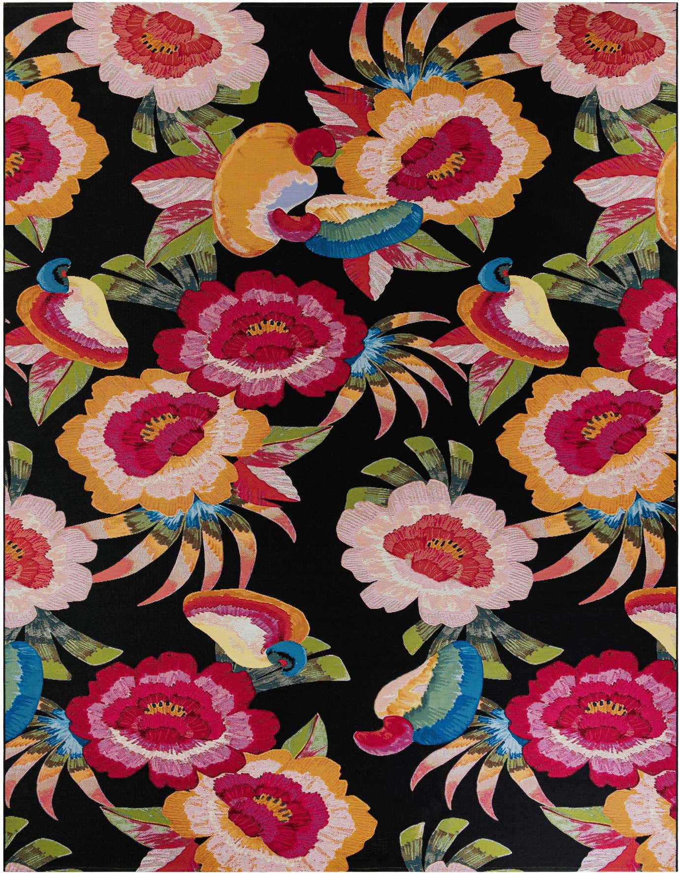 A 10x14 rectangular multi-colored floral rug with large red, pink, and yellow flowers and green leaves on a black background.