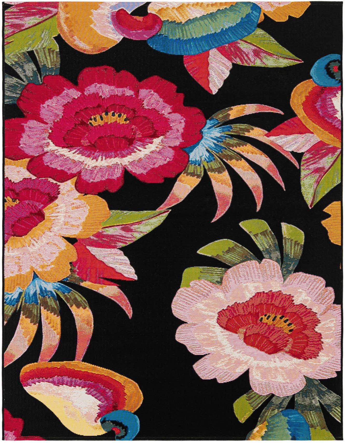 A 5x8 rectangular indoor/outdoor rug with a vibrant multi-colored modern botanical pattern on a black background, featuring large pink, red, yellow, and blue flowers and leaves.
