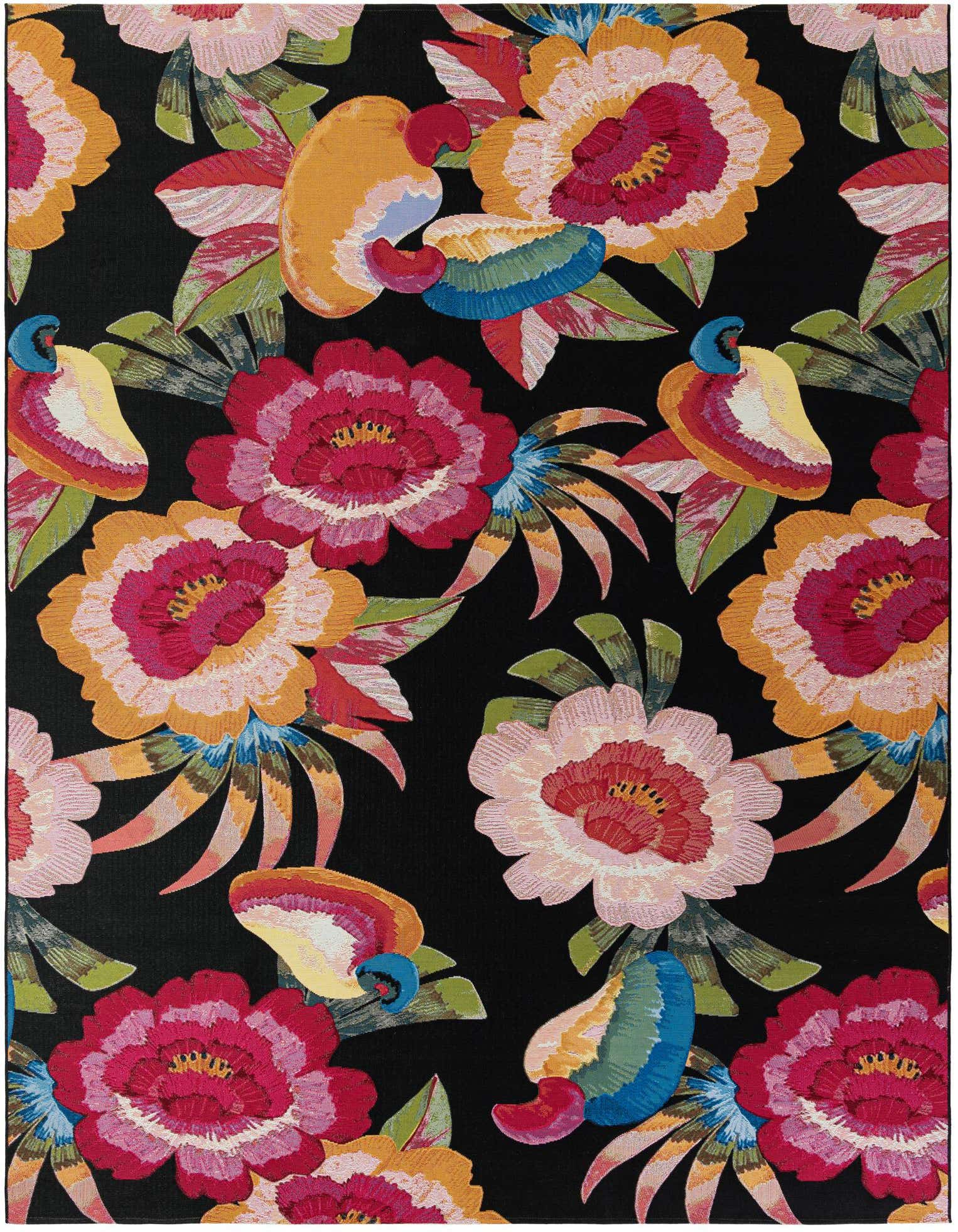 A 9x12 rectangular multi-colored floral rug with a black background, featuring large vibrant flowers and abstract leaves.