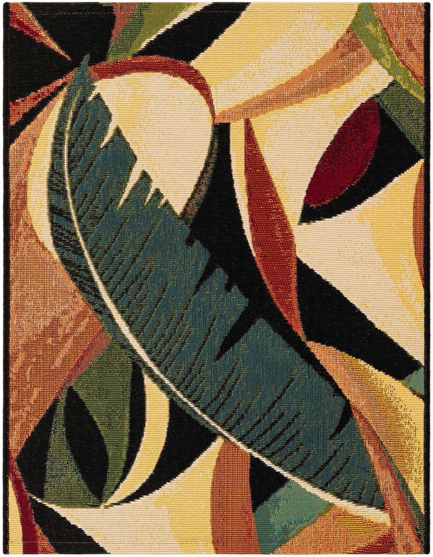 A 2x3 rectangular indoor/outdoor rug with a modern botanical pattern in multi-colors, featuring large teal leaves and abstract shapes in yellow, orange, and black.