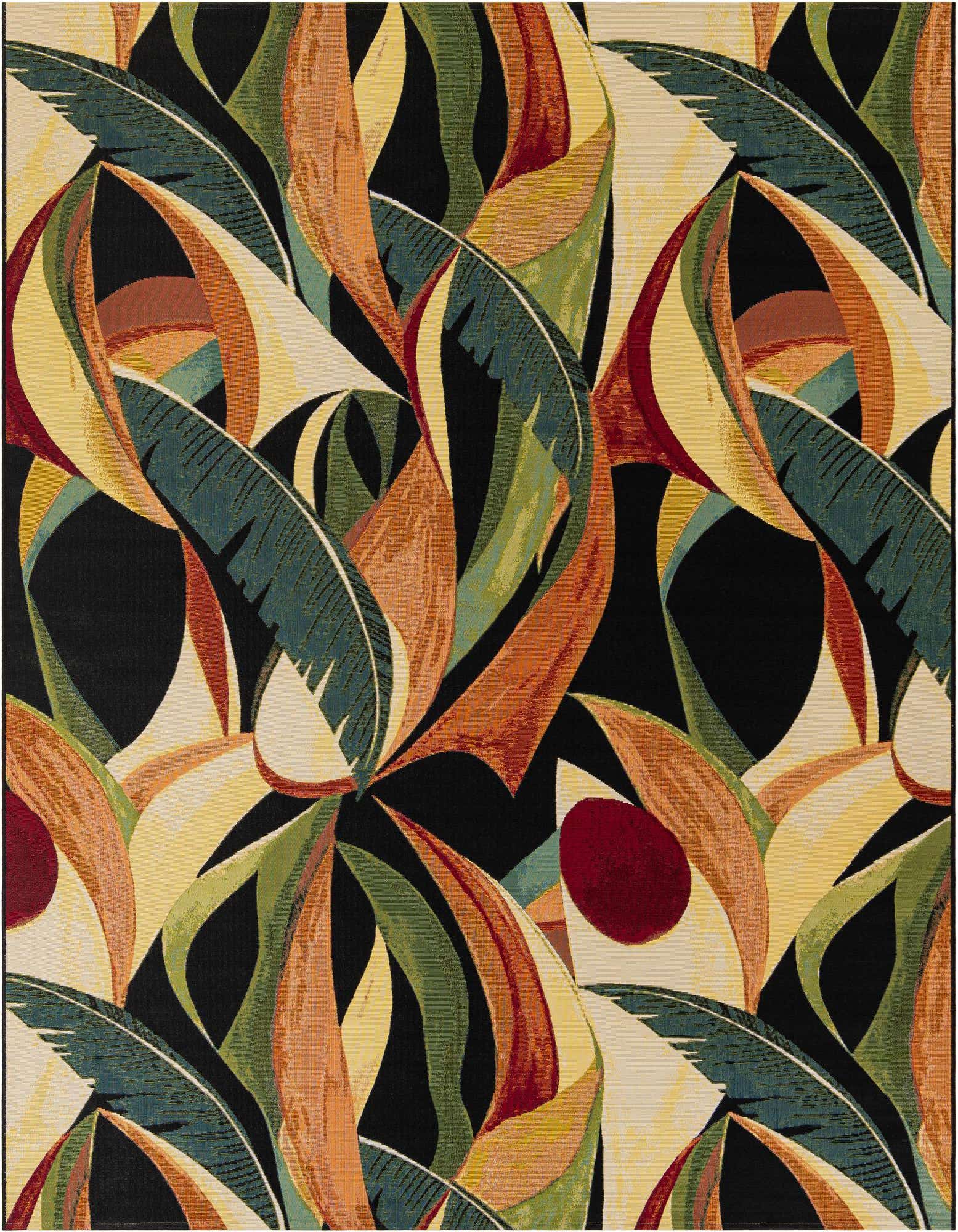 A vibrant 8x10 rectangular rug with a modern botanical pattern featuring large leaves in teal, green, orange, yellow, and red on a black background.