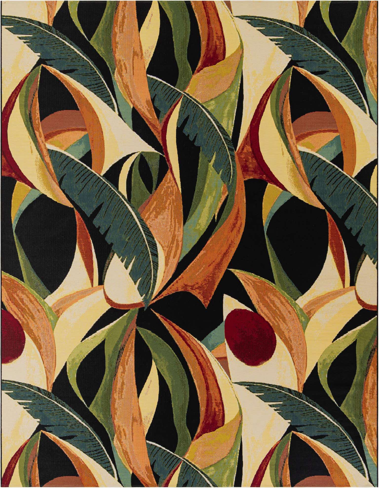 A 9x12 rectangular multi-colored modern rug with a vibrant botanical leaf pattern on a black background.