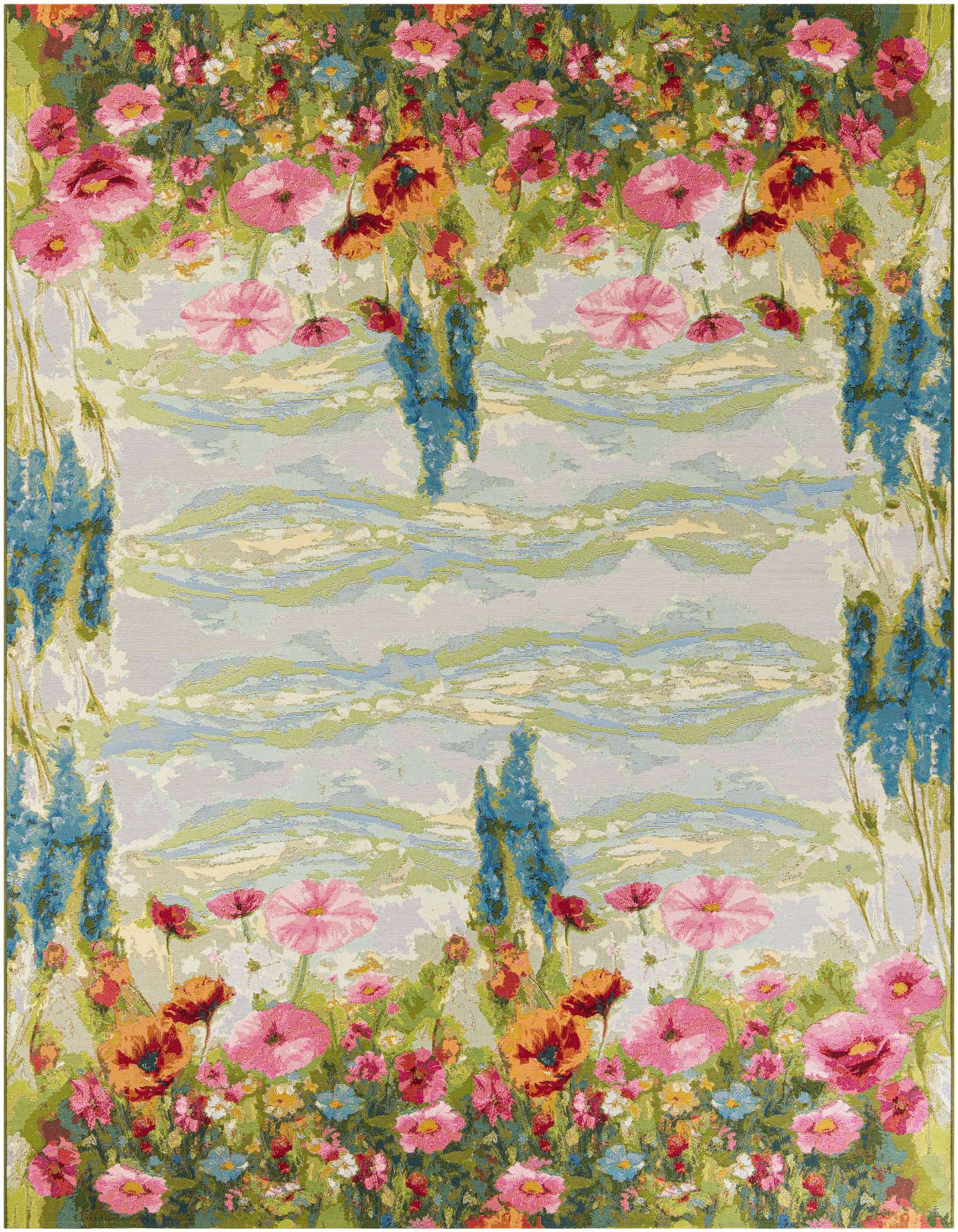 A 9x12 multi-colored rectangular rug with a modern botanical pattern, featuring a border of vibrant pink, orange, and blue flowers against a light green and blue abstract background, suitable for indoor or outdoor use.