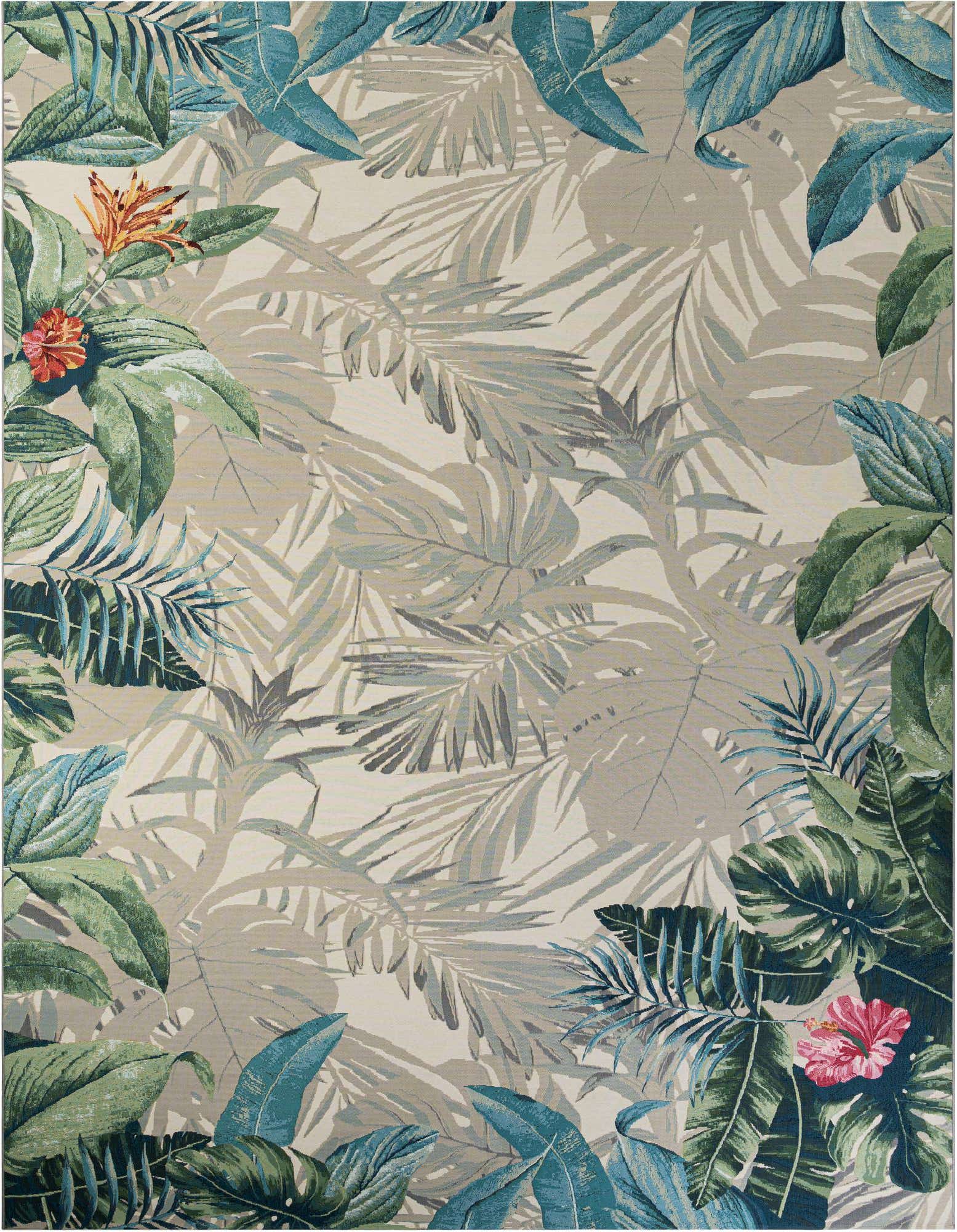 A large 12x16 rectangular multi-colored botanical rug with vibrant green and blue leaves and subtle orange and pink flowers on a light background, suitable for indoor/outdoor use.