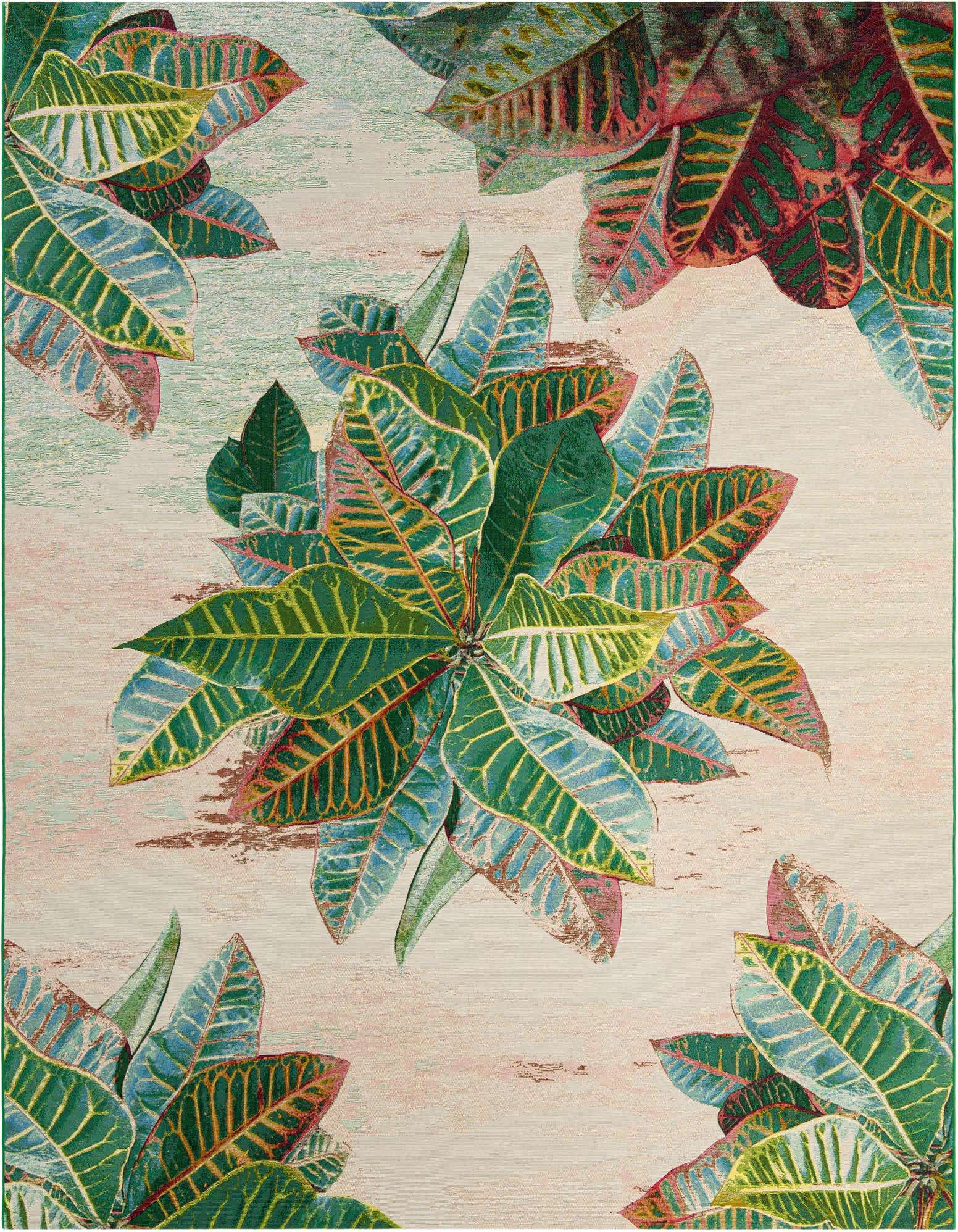 A 10x13 rectangular multi-colored rug with a modern floral pattern featuring large green, blue, and pink leaves on a light background.