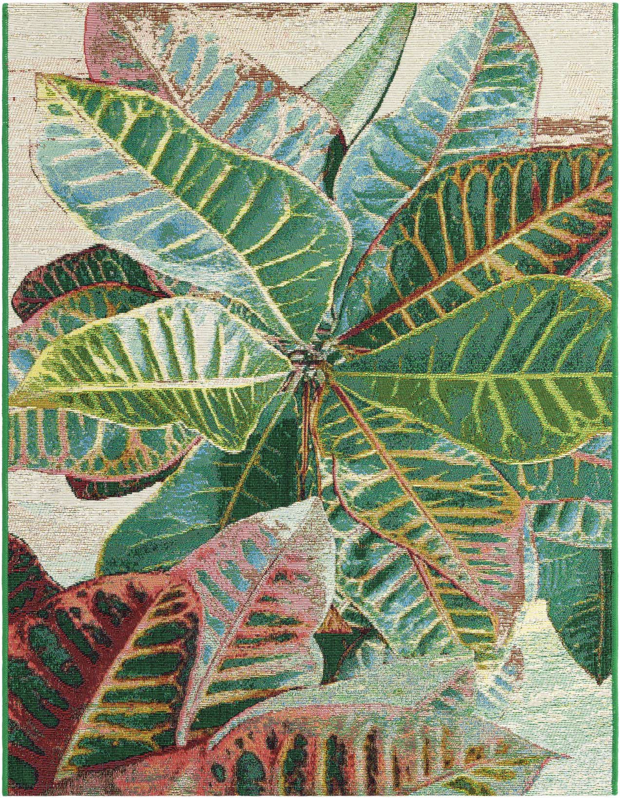 A vibrant 3x5 rectangular rug with a modern botanical pattern featuring large, colorful leaves in shades of green, blue, and red on a light background, suitable for a patio.