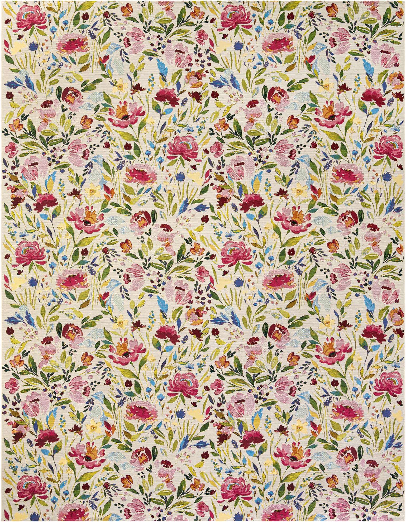 A 10x13 rectangular multi-colored botanical rug with a vibrant floral pattern on a light background, suitable for indoor or outdoor use.