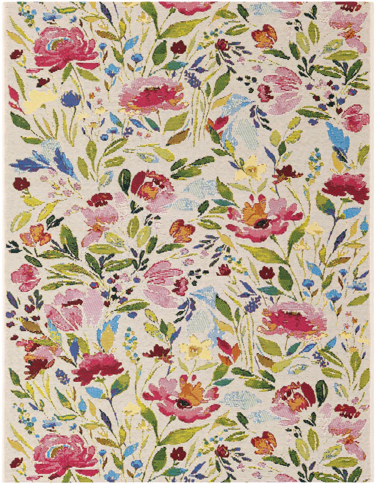 A 3x5 rectangular multi-colored botanical rug with vibrant floral patterns on a light background, suitable for indoor or outdoor use.