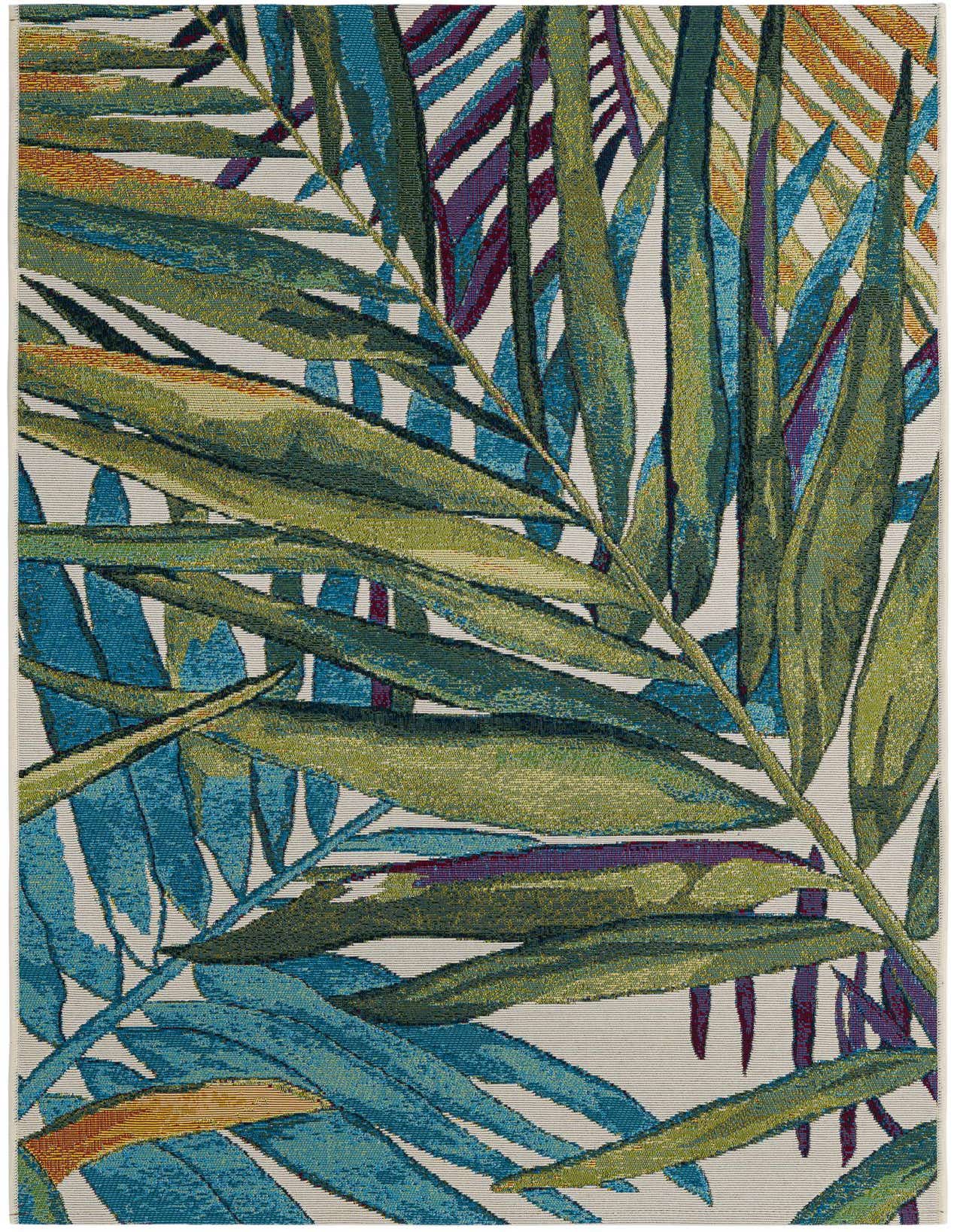 A 3x5 rectangular rug featuring a vibrant, multi-colored modern floral pattern of green, blue, and purple palm leaves on a light background, suitable for indoor or outdoor use.