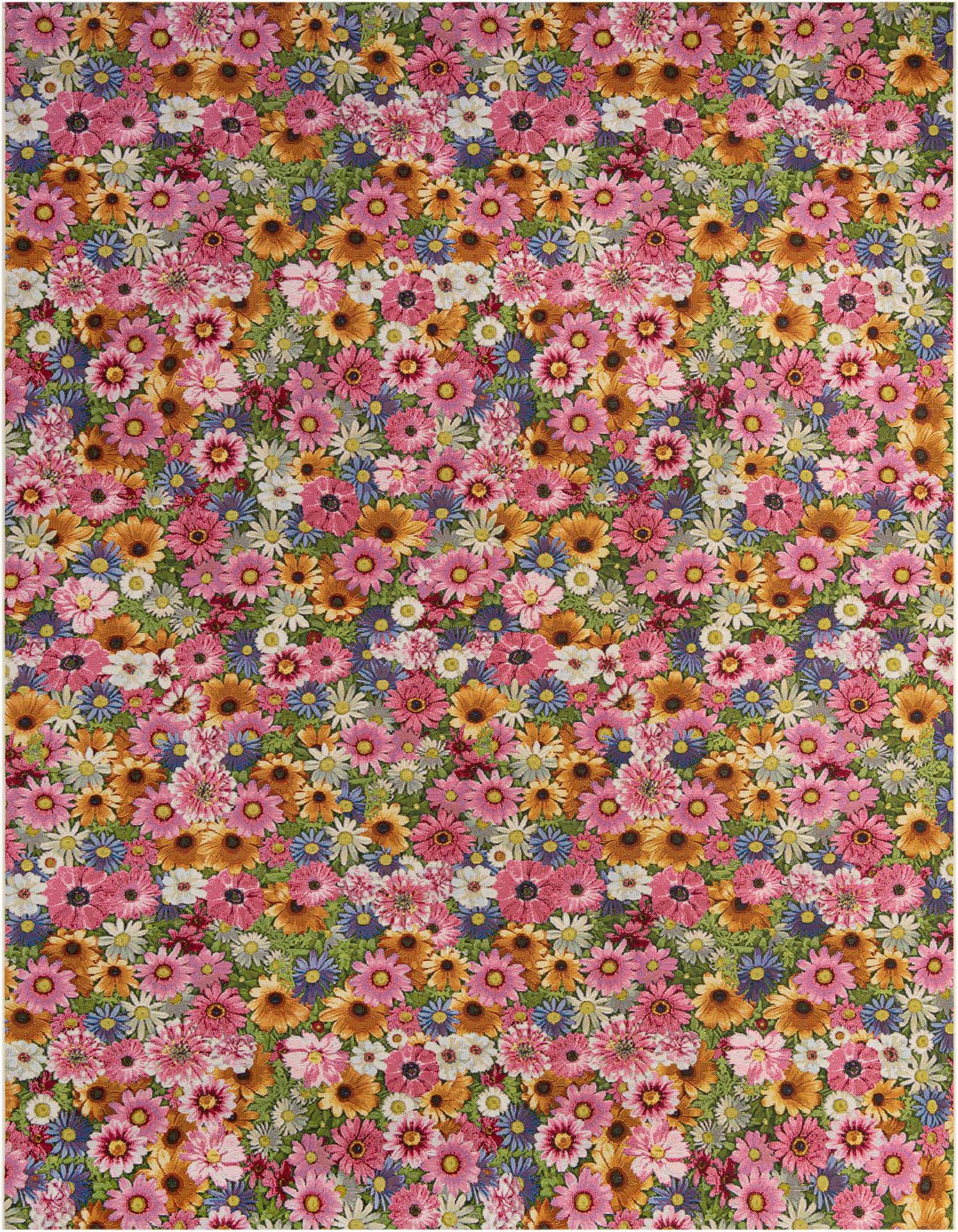 A vibrant 10x13 rectangular indoor/outdoor rug featuring a dense, multi-colored floral pattern with pink, orange, blue, and white flowers on a green background.