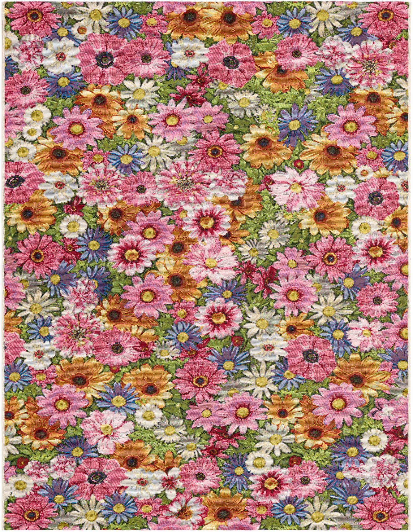 A vibrant 4x6 rectangular rug featuring a dense, multi-colored floral pattern with pink, orange, blue, and white flowers on a green background.