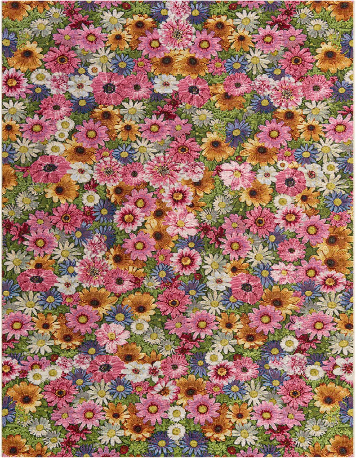 A vibrant 6x9 rectangular rug featuring a dense, multi-colored floral pattern with pink, orange, blue, and white flowers on a green background.