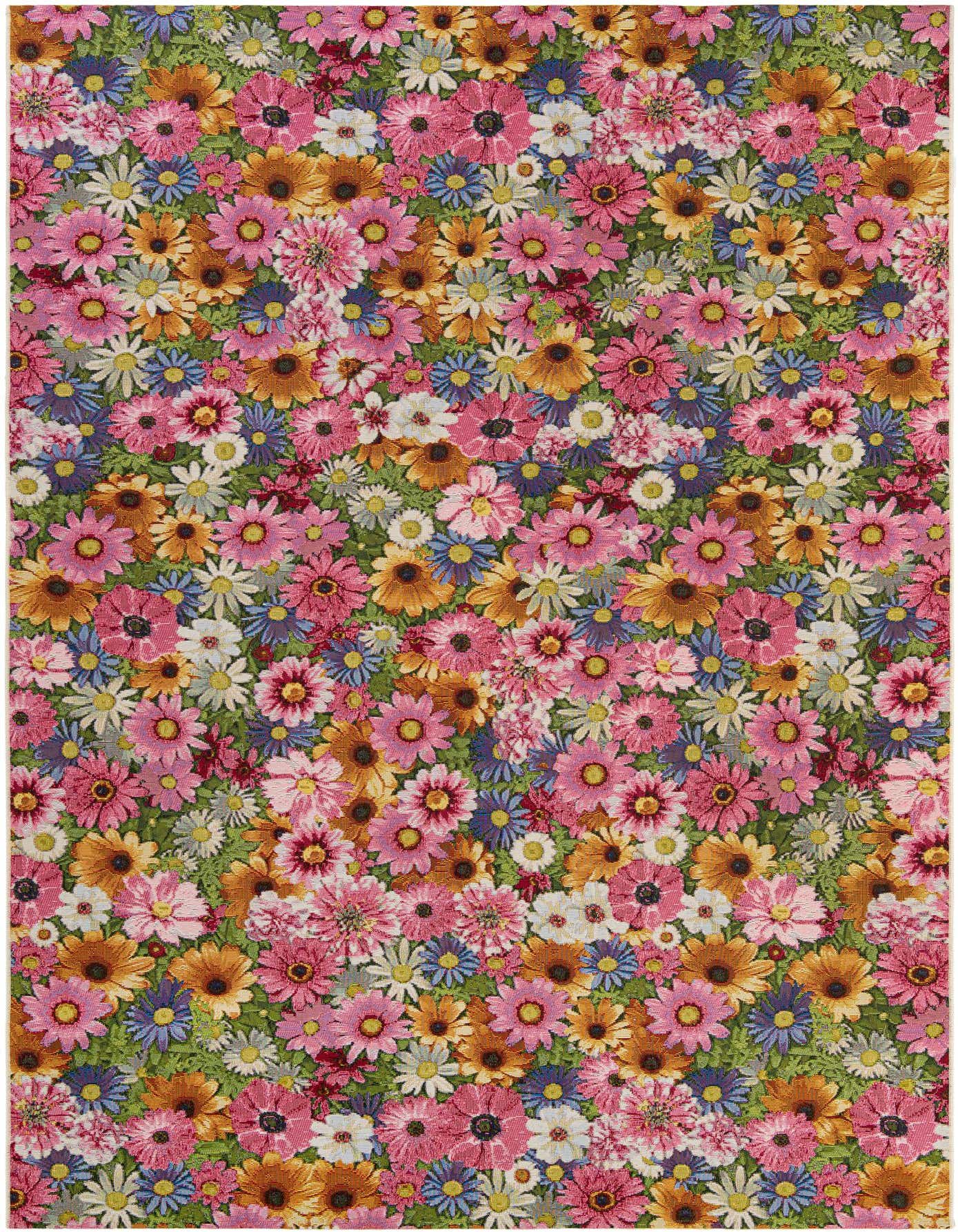 A vibrant 7x10 rectangular rug featuring a dense, multi-colored floral pattern with pink, orange, blue, and white flowers on a green background.