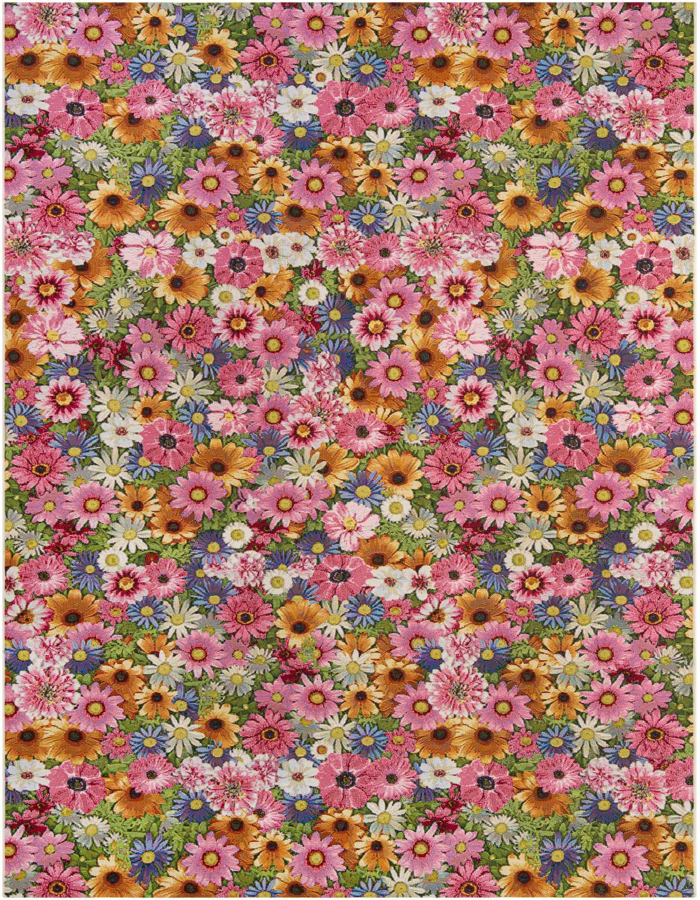 A vibrant 8x11 rectangular rug featuring a dense, multi-colored floral pattern with pink, orange, blue, and white flowers on a green background.
