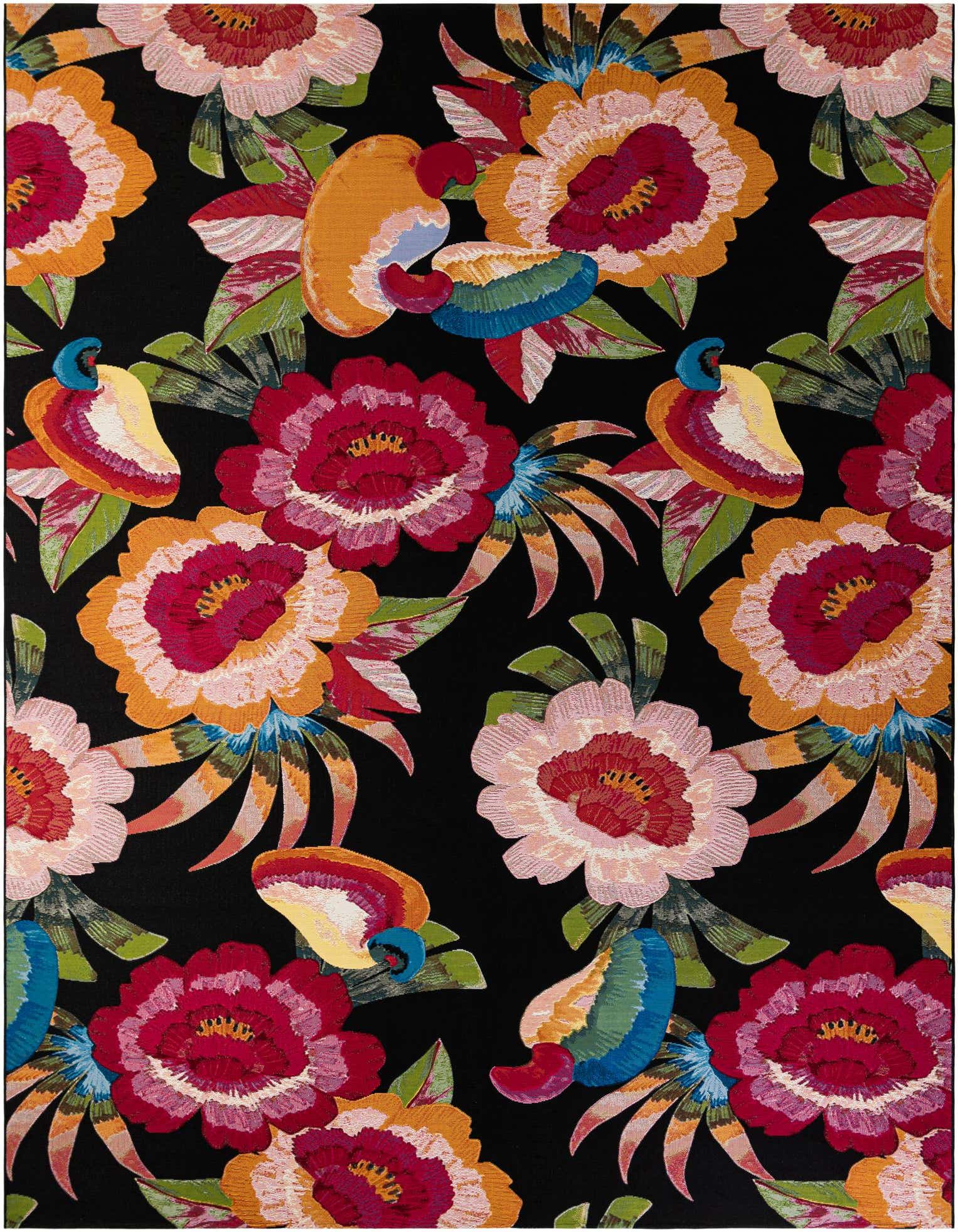 A 10x13 rectangular multi-colored rug with a vibrant modern floral and botanical pattern on a black background, suitable for indoor or outdoor use.