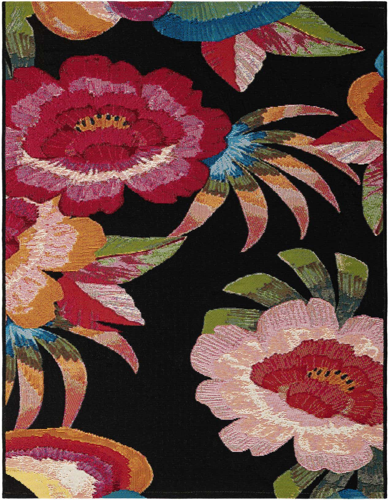 A 3x5 rectangular multi-colored rug with large modern floral and botanical patterns on a black background, suitable for indoor or outdoor use.