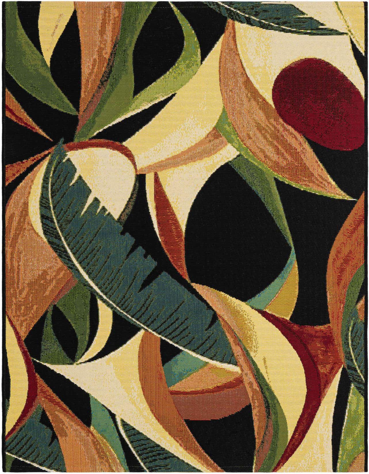 A 3x5 rectangular rug with a modern botanical pattern, featuring large leaves in green, teal, yellow, and orange against a black background.