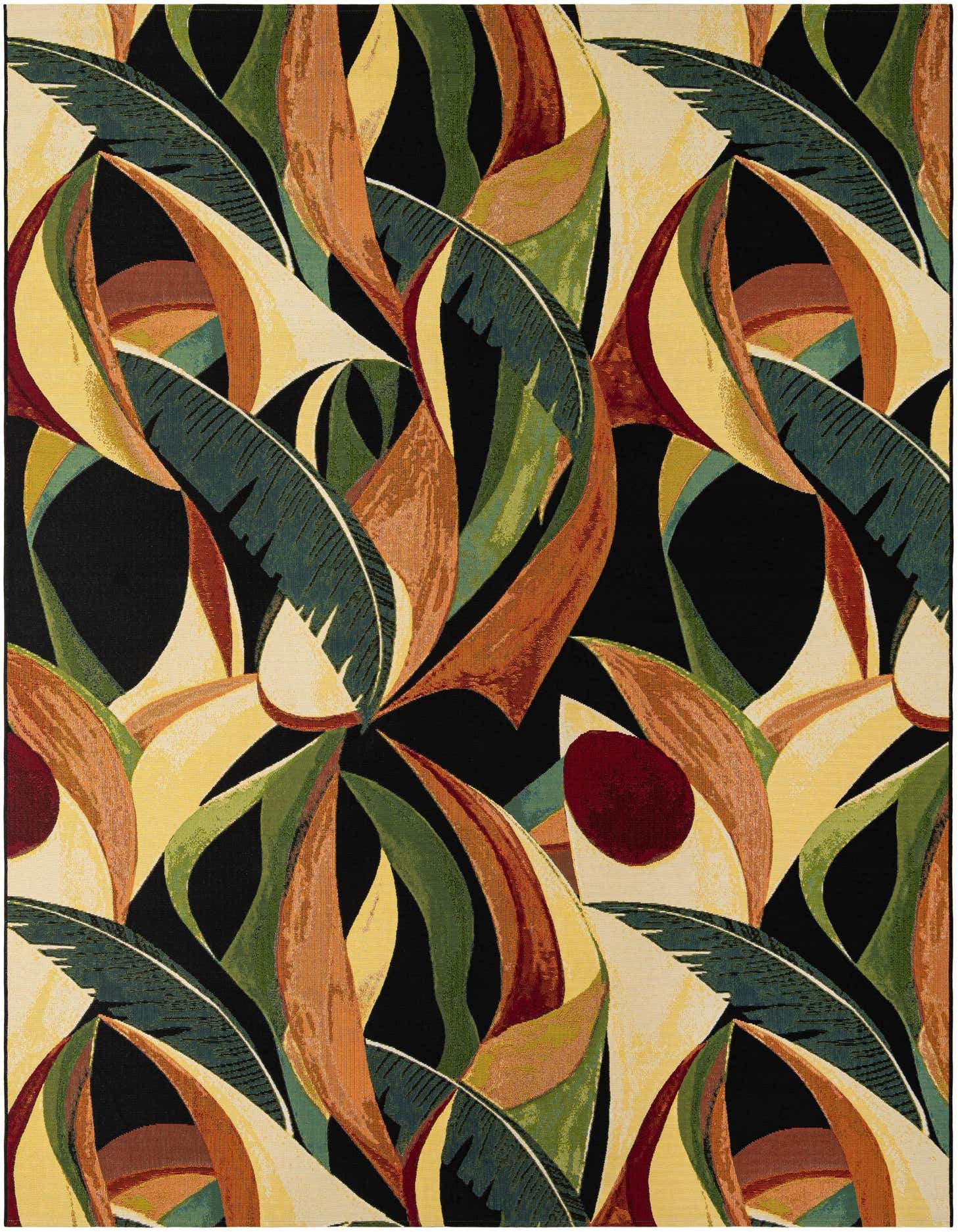 A rectangular 8x11 multi-colored modern rug with a vibrant botanical leaf pattern on a black background, suitable for indoor or outdoor spaces.
