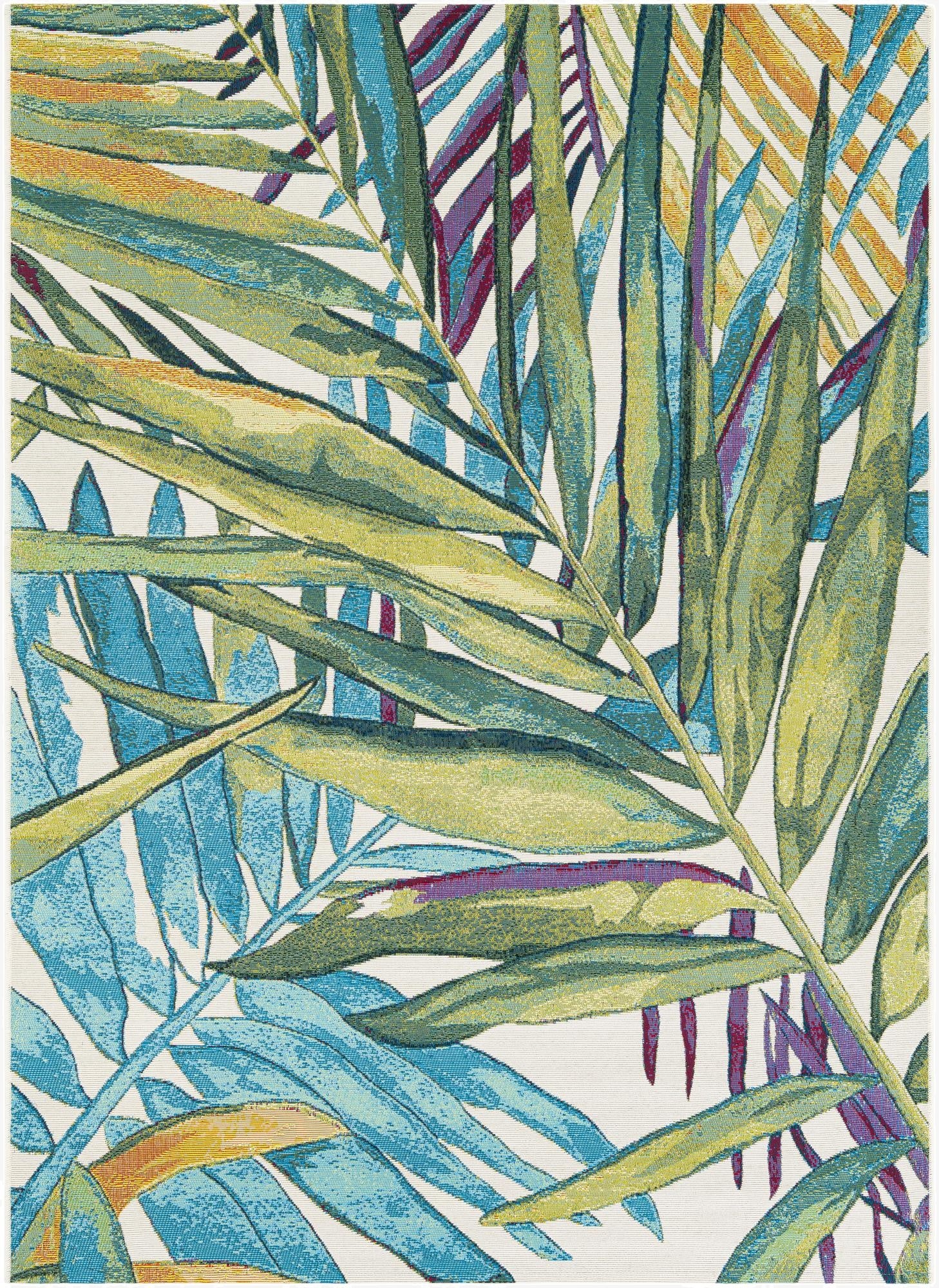 A 5x7 rectangular rug featuring a vibrant, multi-colored modern botanical pattern with green, blue, and purple palm fronds on a white background, suitable for indoor or outdoor use.
