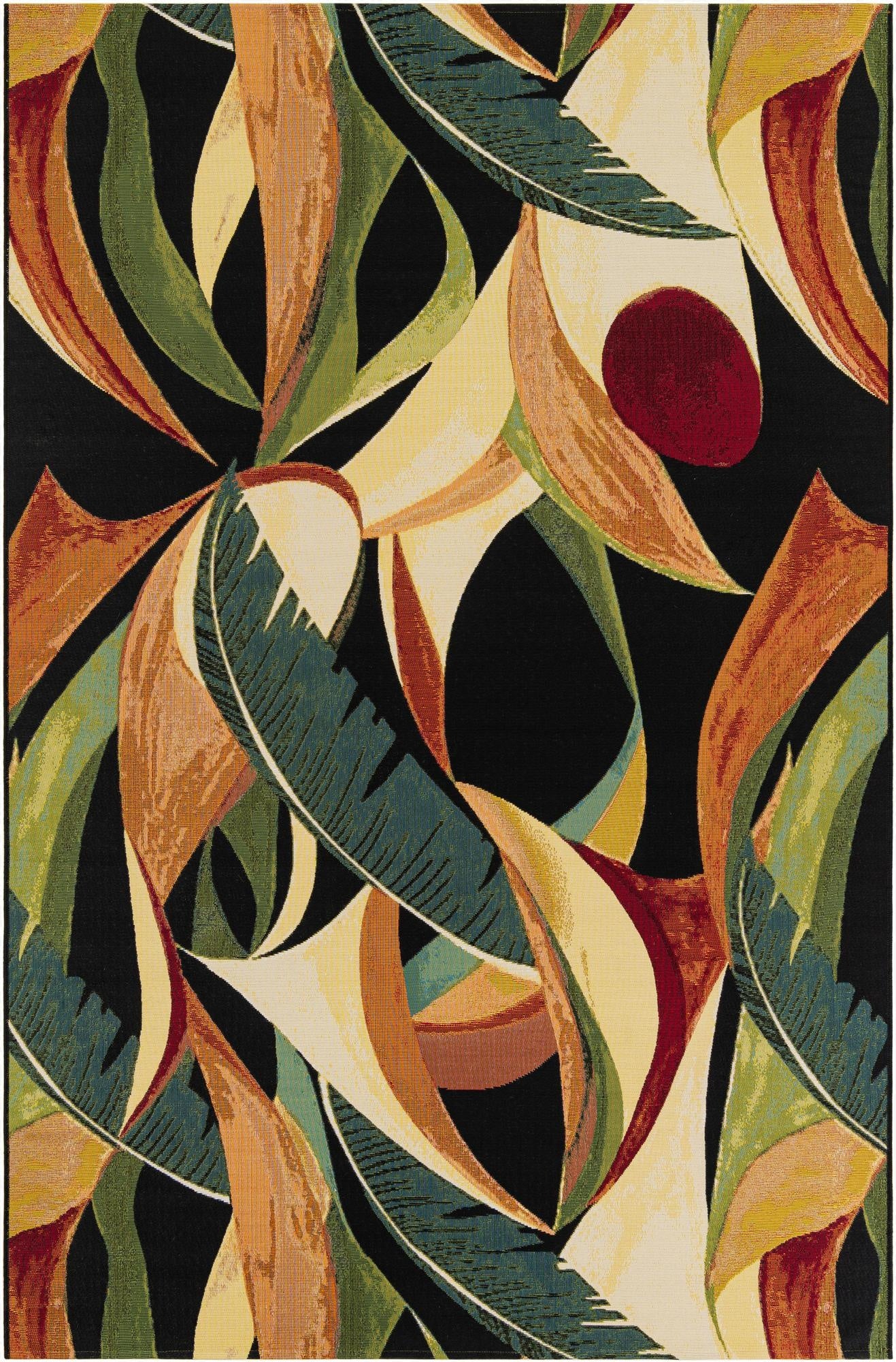 A 6x9 rectangular multi-colored modern rug with an abstract tropical leaf pattern on a black background, suitable for indoor/outdoor use.