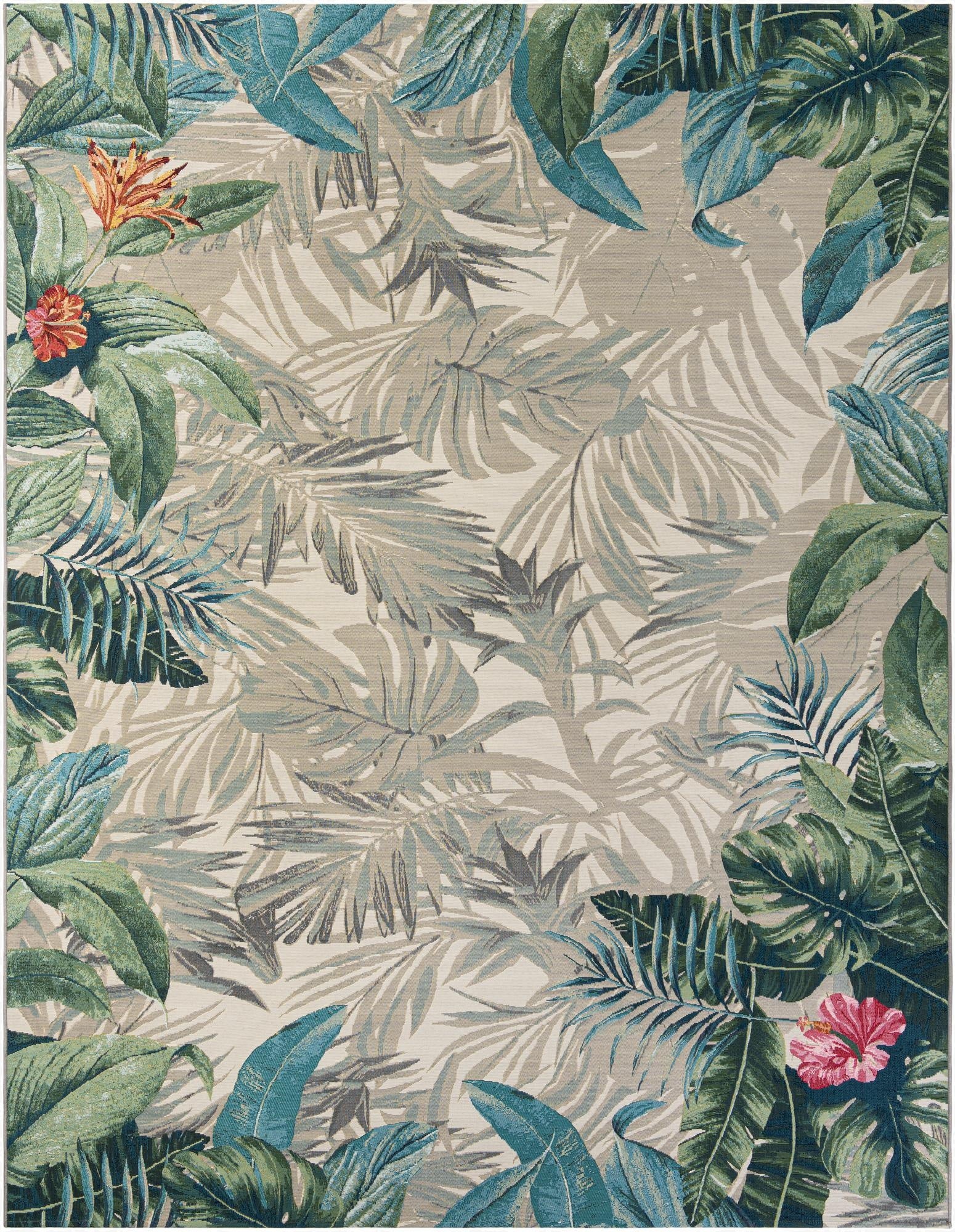 A 9x12 rectangular indoor/outdoor rug with a vibrant botanical pattern featuring large green, blue, and beige palm leaves and colorful hibiscus flowers.