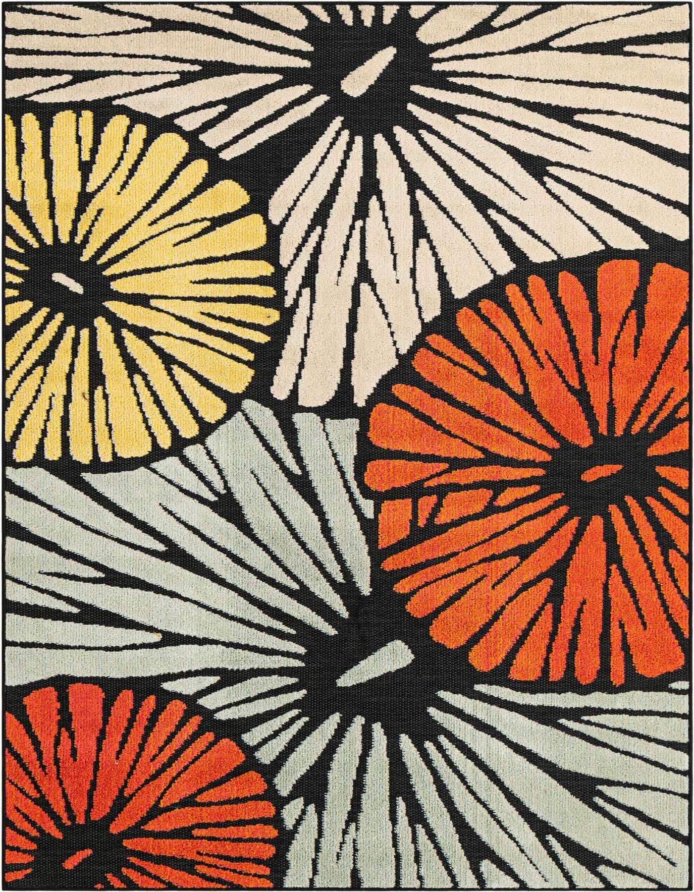 A 5x7 rectangular multi-colored modern rug with large, abstract floral patterns in yellow, orange, cream, and light blue on a black background.