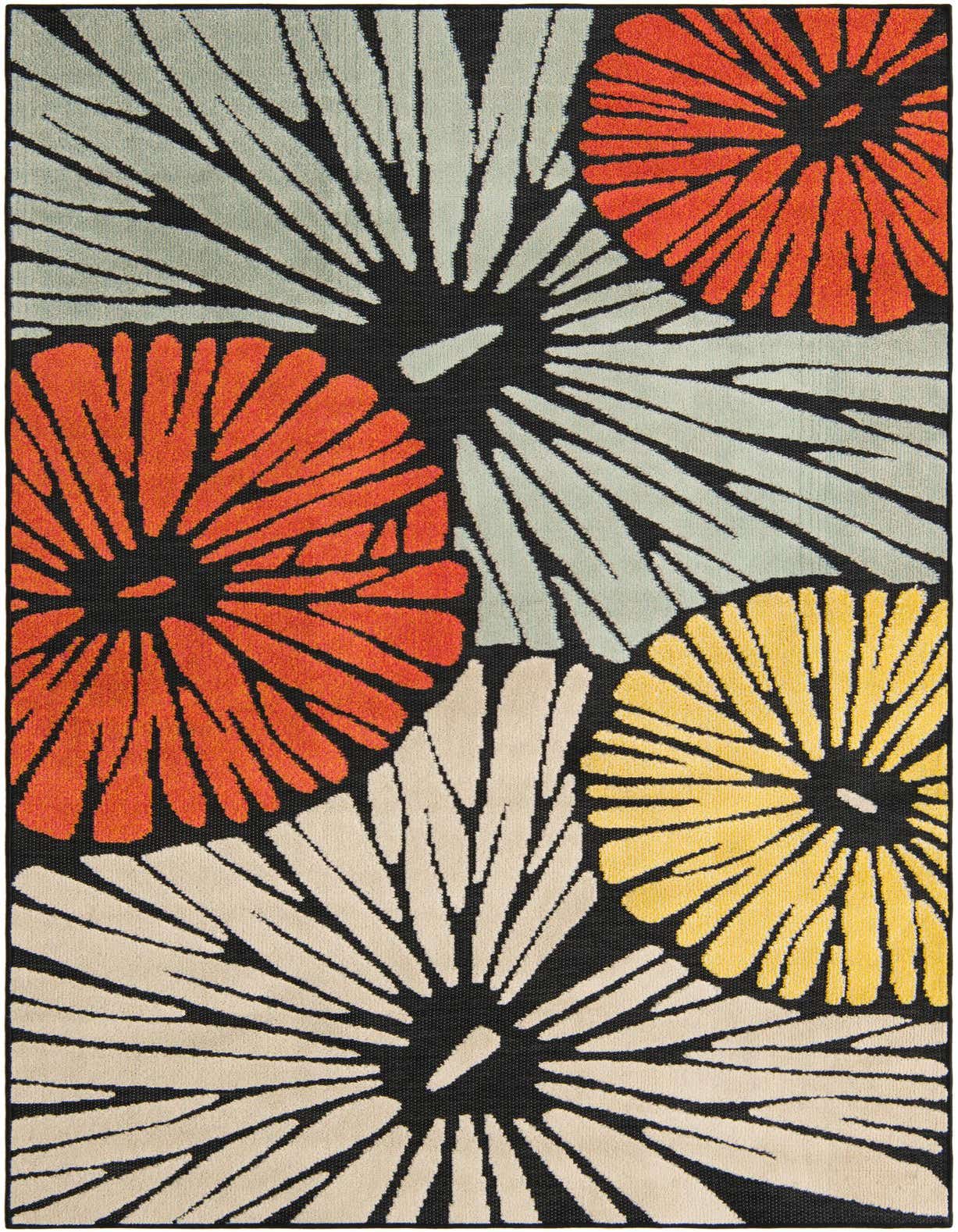 A 5x8 rectangular multi-colored modern rug featuring large, abstract floral patterns in orange, yellow, light blue, and beige on a black background.