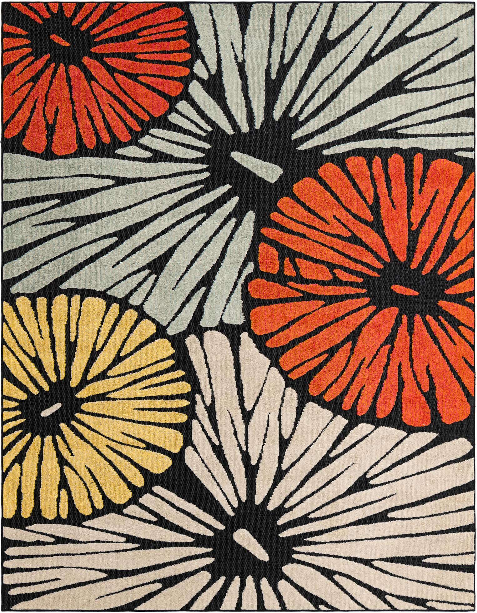 A vibrant 8x10 rectangular rug with a modern floral pattern in orange, yellow, light blue, and cream on a black background.