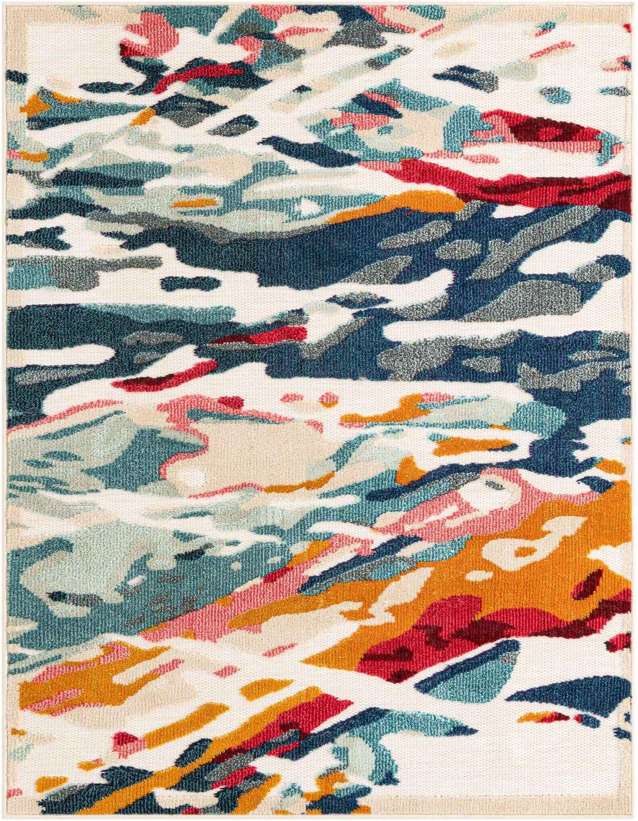A 4x6 multi-colored modern rectangular rug with an abstract pattern in shades of blue, red, orange, and pink on a cream background.