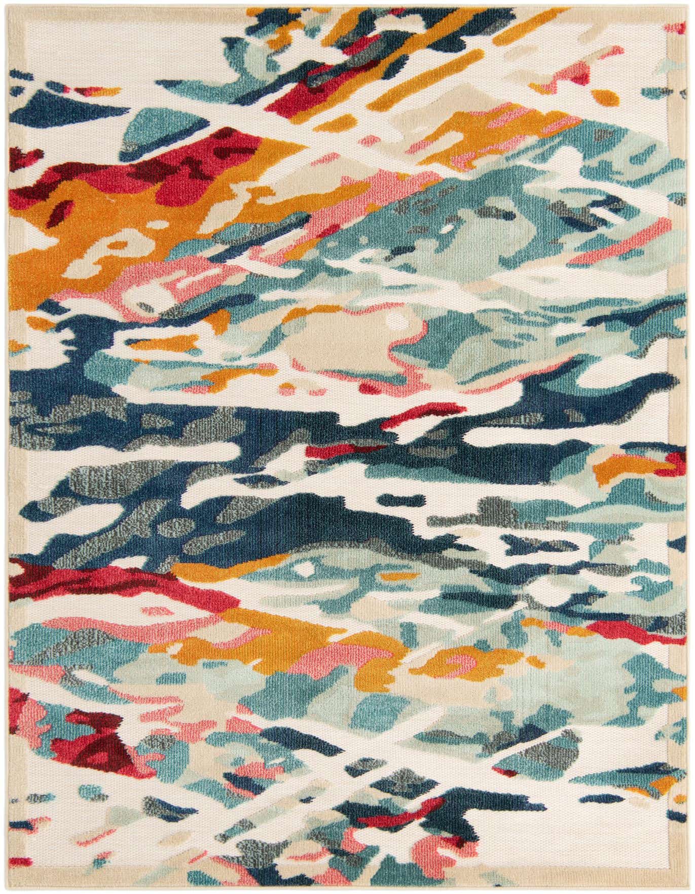 A 5x7 rectangular multi-colored modern rug with an abstract pattern, featuring shades of blue, teal, orange, pink, and red on a cream background.