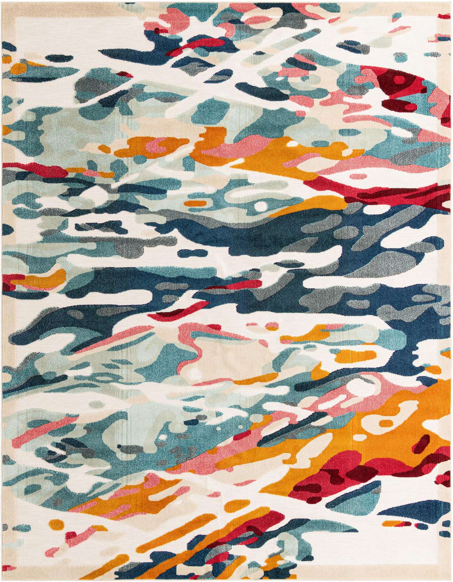 A 9x12 rectangular multi-colored modern rug with an abstract, fluid pattern in shades of blue, orange, pink, and red on a cream background.