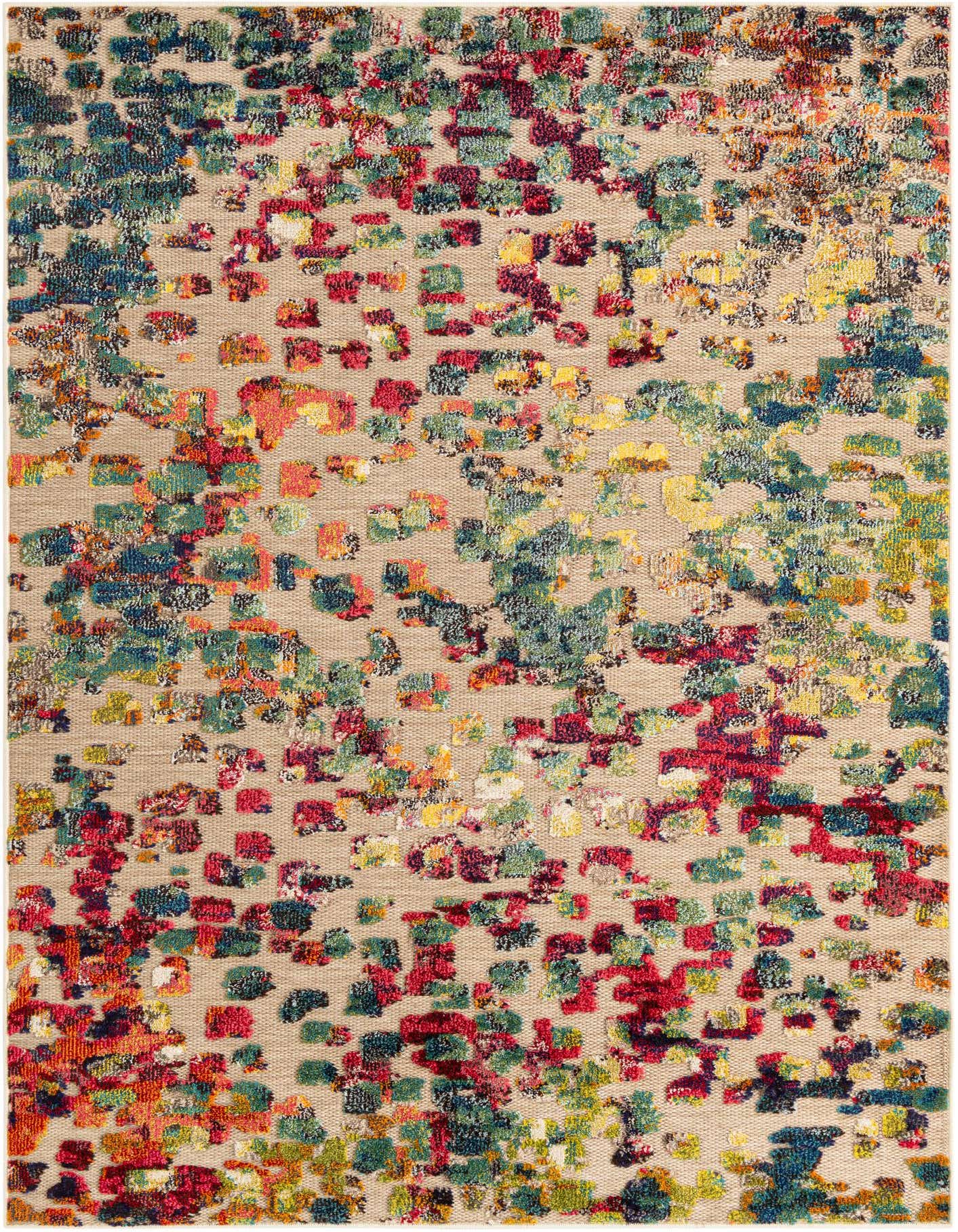 A 5x7 rectangular multi-colored modern rug with a textured pile, featuring abstract blocks of red, blue, green, and yellow on a beige background.