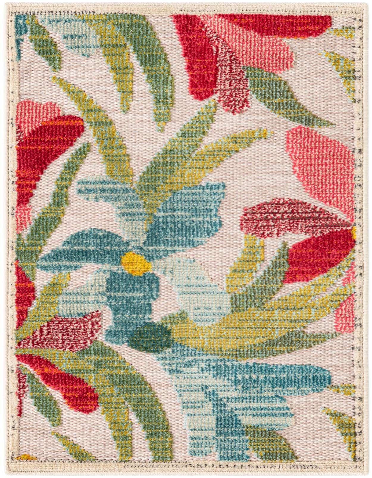 A 2x3 rectangular multi-colored rug with a modern floral pattern featuring teal, red, and green leaves on a light background, suitable for indoor or outdoor use.