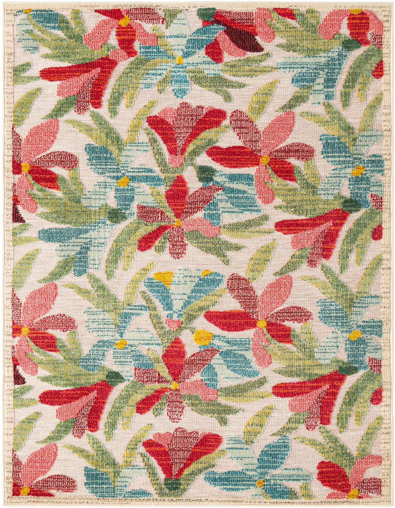 A 4x6 rectangular multi-colored rug with a modern floral pattern featuring red, pink, and blue flowers with green leaves on a light background, suitable for indoor or outdoor use.