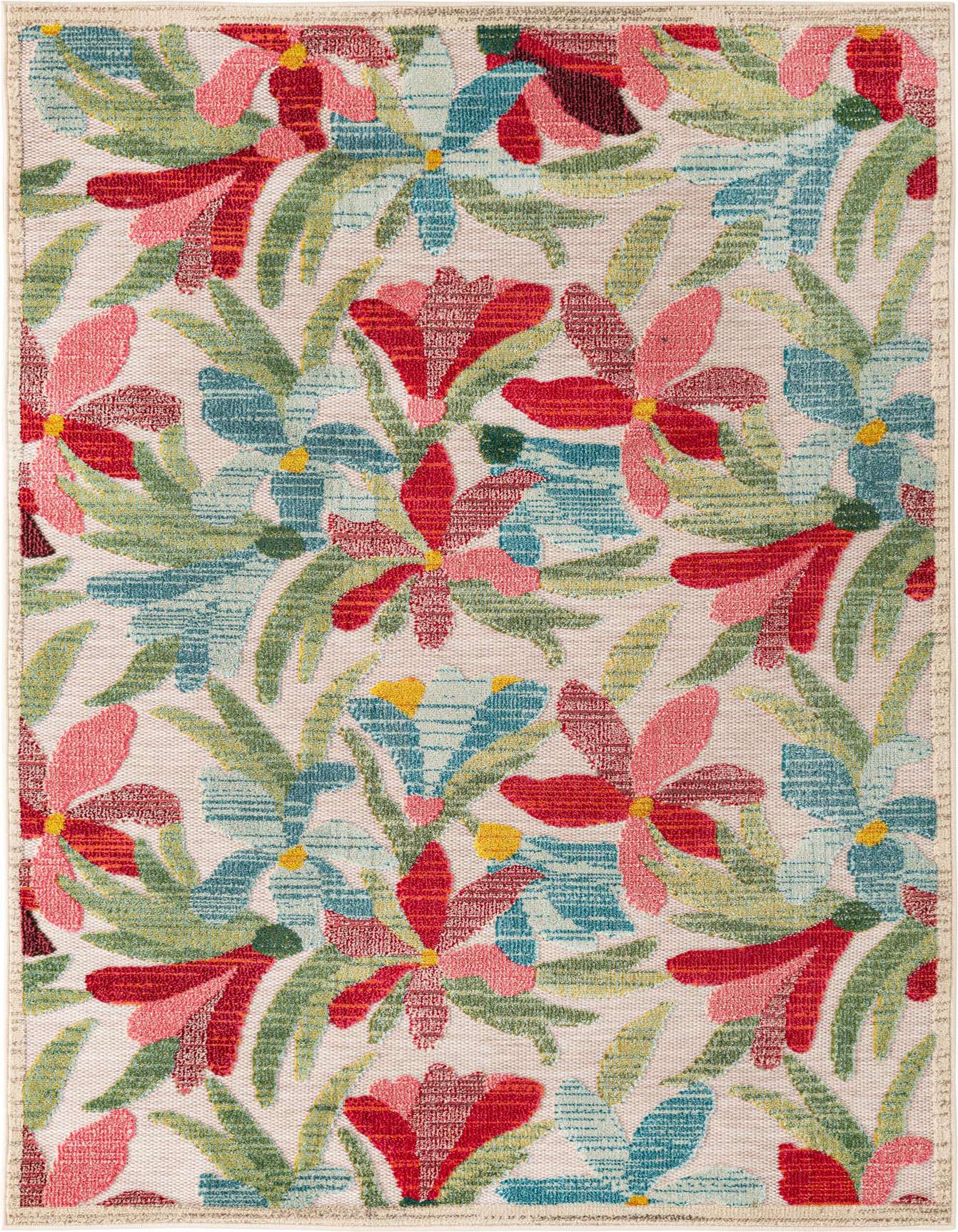 A 5x7 rectangular multi-colored rug with a modern floral pattern featuring red, pink, and blue flowers with green leaves on a light background.